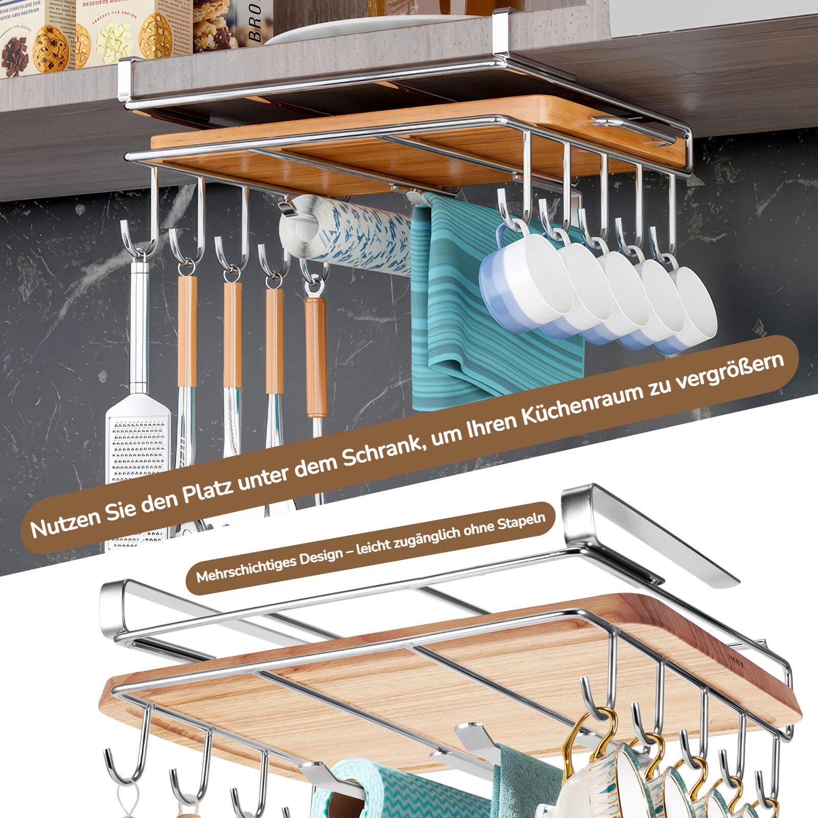BlingBin Hängekorb Einhängekorb Mit Haken, Schrankkorb Küchenregal Ohne Bohren (1er Set, 1 St., Produktabmessungen: 26 × 25 × 11 cm), Schneidebrett-Organizer,Edelstahl-Aufbewahrungsregal für Küche