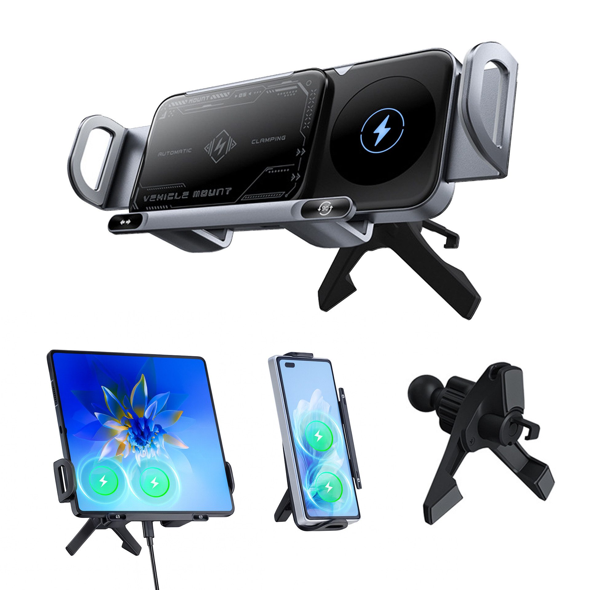 JASMART Smartphone-Halterung Handyhalterung Auto KFZ für iPhone Samsung Galaxy Z Fold/Flip, (1× Handyhalterung, 1× Lüftungsklammer, 1× Kabel, 1× Anleitung, Kompatibel mit Foldables & Smartphones, Qi-Schnellladen 15W)