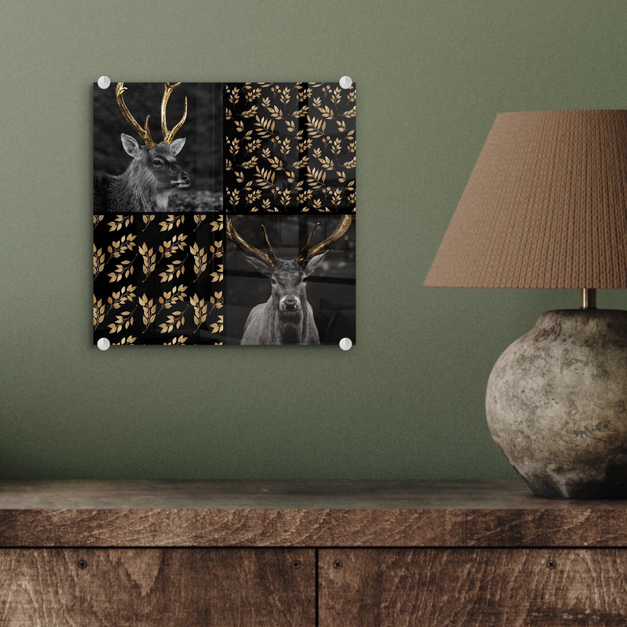 MuchoWow Acrylglasbild Collage Wandbild Bilder auf - St), - Gold, Wanddekoration Tiere - Glas Foto - - - (1 Glasbilder auf Blätter Glas