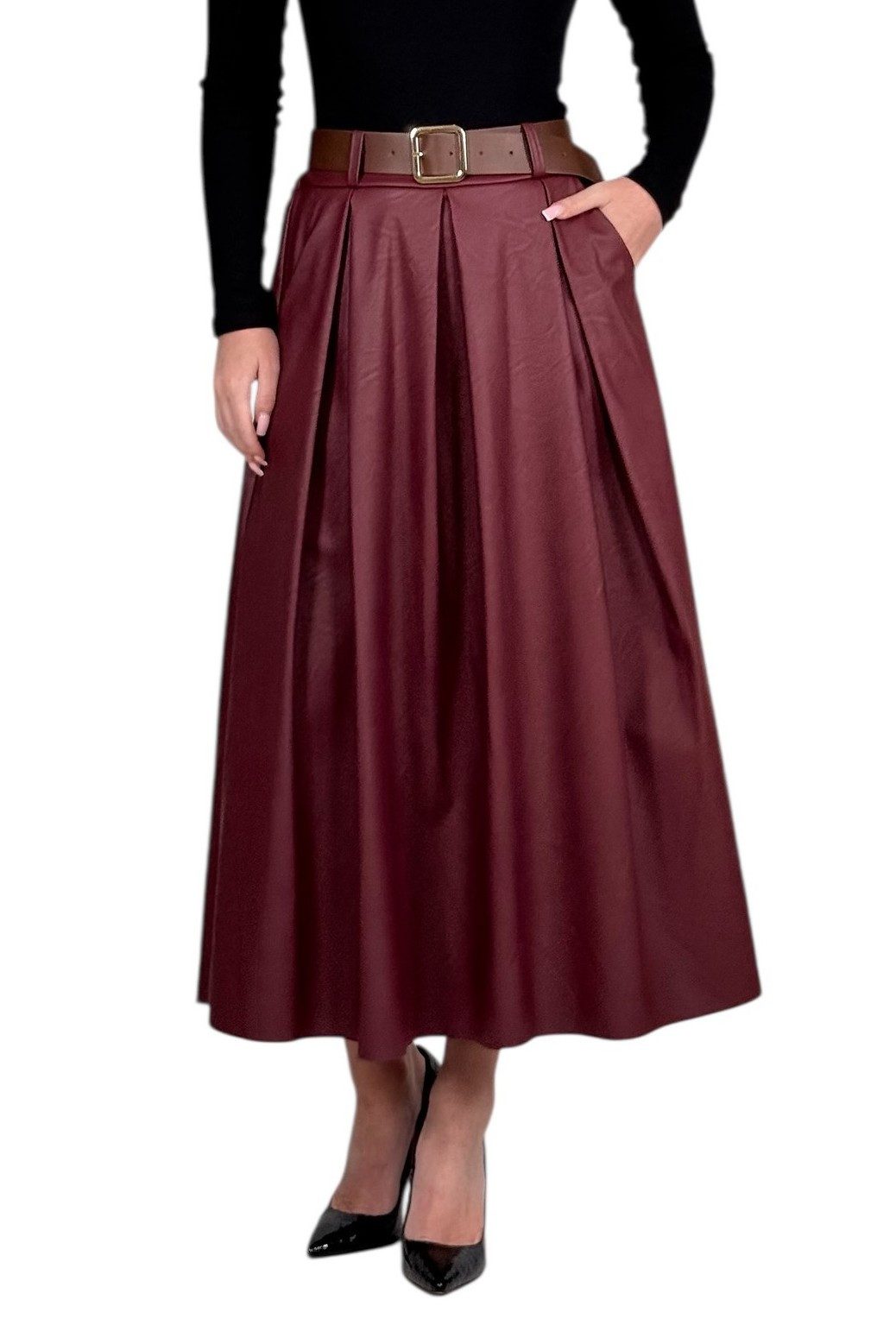 Mississhop Lederimitatrock Damen A-Linien Rock mit Gürtel und Metallschnall günstig online kaufen