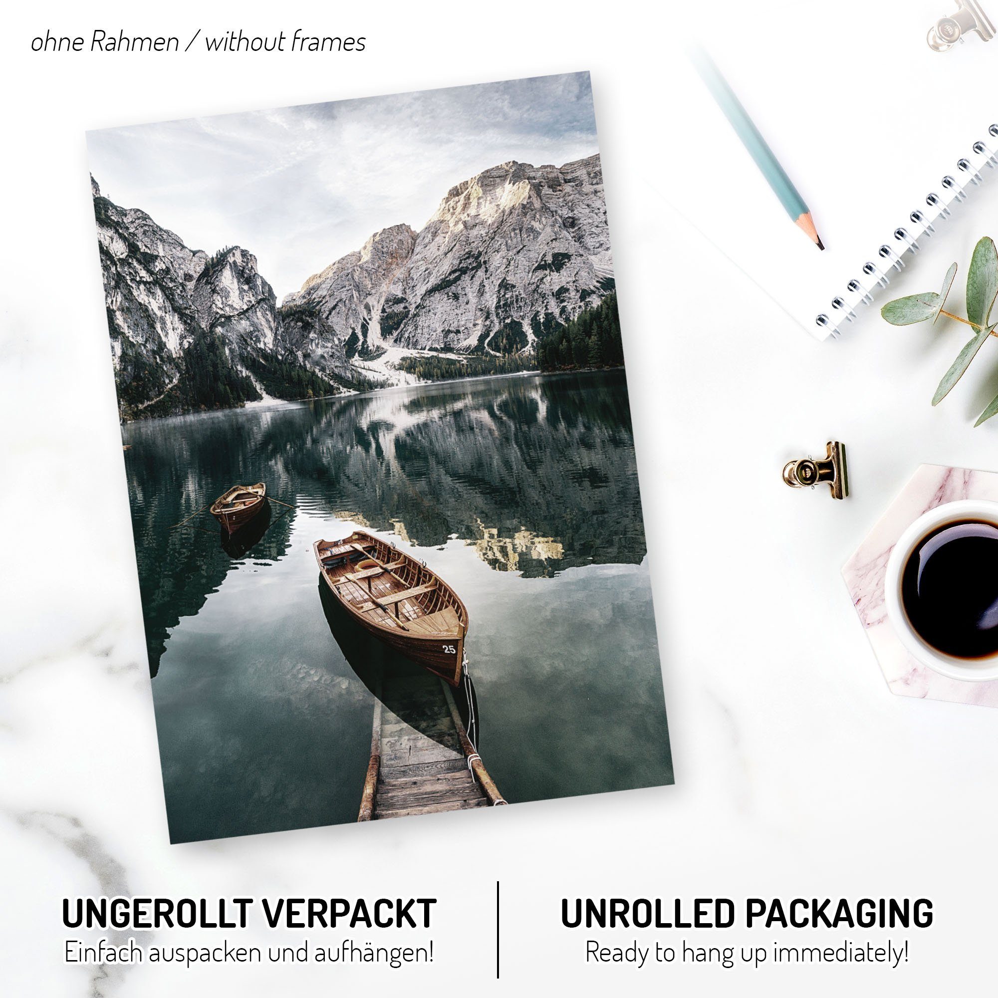 Kreative Feder Poster, Motivation, Inspiration, Natur, Landschaft, See, Boot, Wald (Set, 6 St), 6-teiliges Poster-Set, Wandbild, Posterwand, optional mit Rahmen