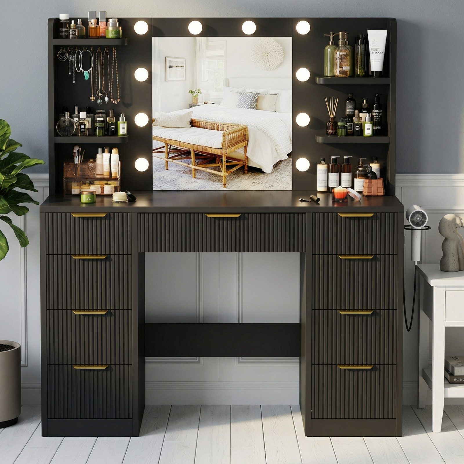 Furnicopia Schminktisch Mit einstellbarer LED-Beleuchtung, 7 Schubladen und 4 Fächern (Große Größe: 110 × 40 × 137 cm, mit 1 USB-Anschluss, 1 Typ-C-Ladeanschluss, 2 Netzsteckdosen und 1 Föhnhalterung. Erhältlich in Weiß oder Schwarz-ostern geschenke)