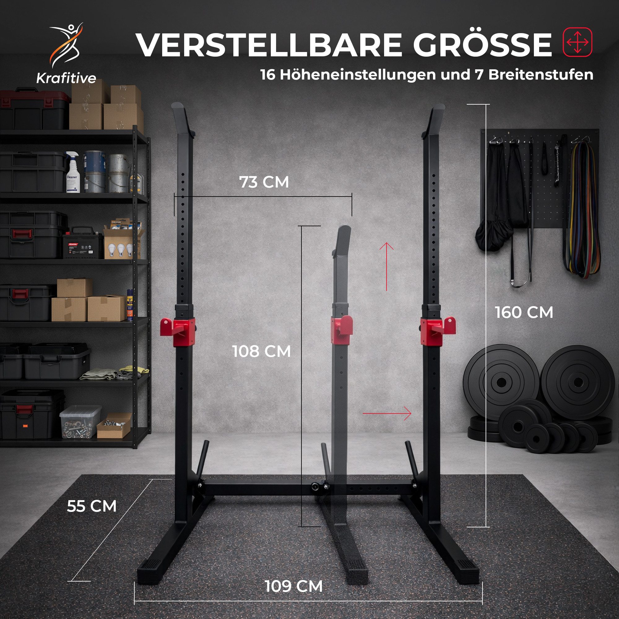 Krafitive Langhantelständer Hantelständer Höhenverstellbar, Home Gym Kniebeugenständer, Bis 200kg belastbar, 16-stufig verstellbar inkl. Safety-Spotter.