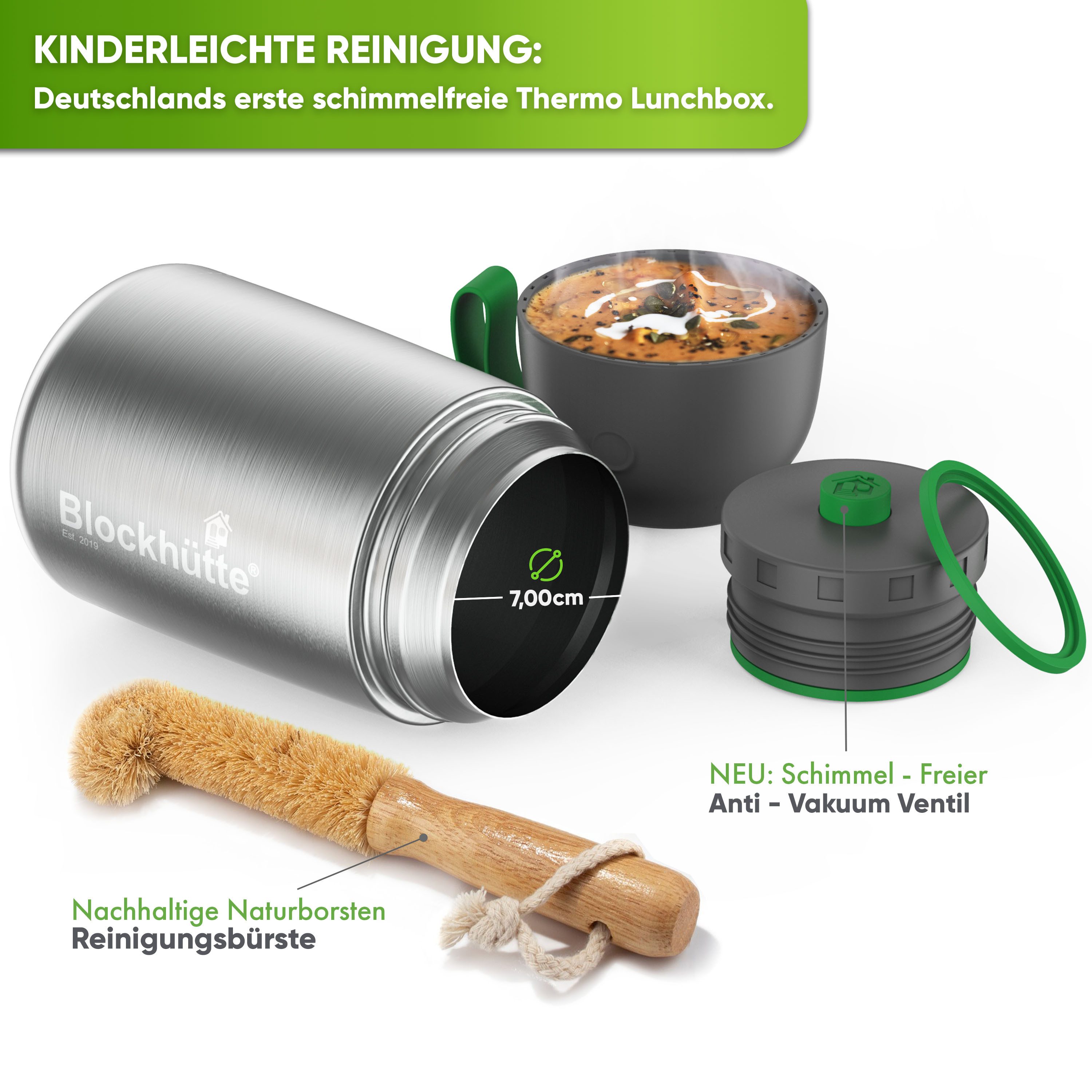 Blockhütte Thermobehälter für Essen - Warmhaltebehälter Essen - Thermo Lunchbox, Edelstahl, Auslaufsicher, 14 Stunden heiß, 19 Stunden kalt – Bild 5 von 5