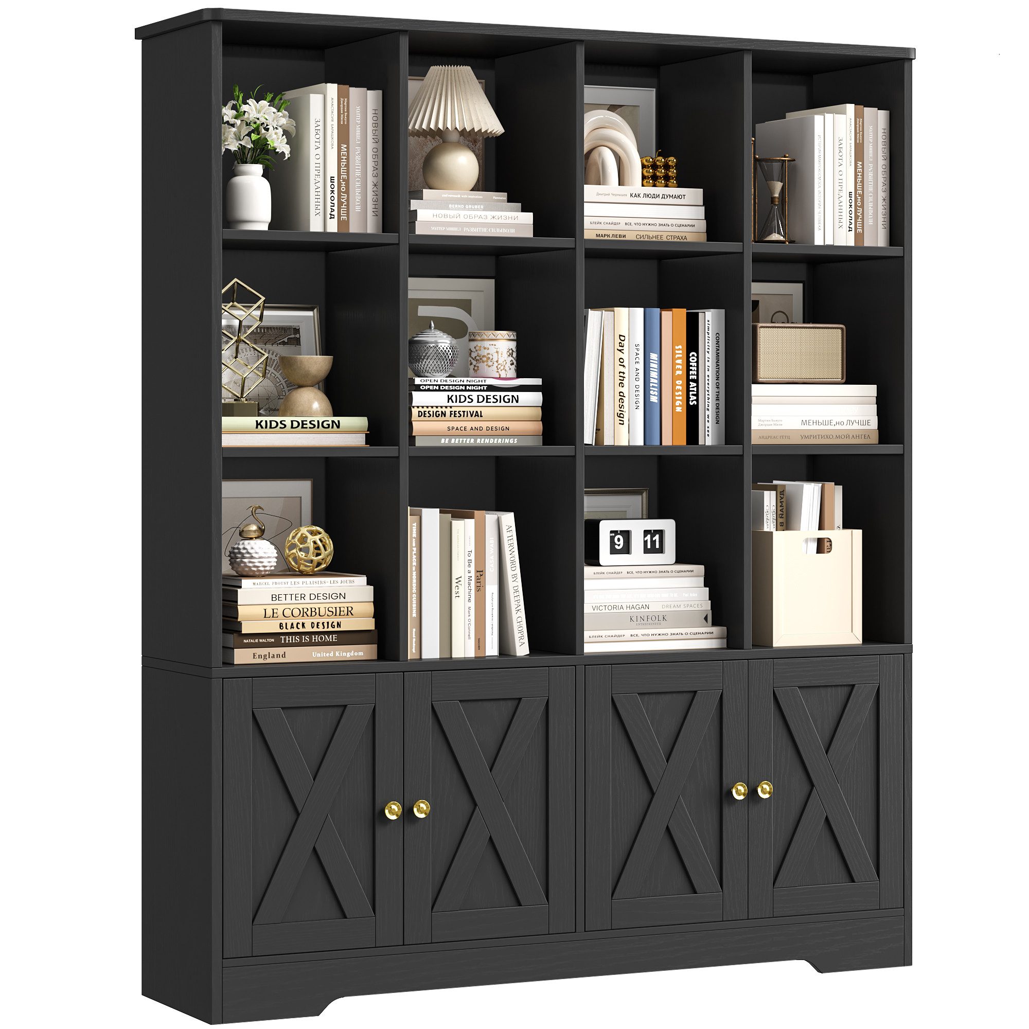 Homfa Bücherregal Standregal Bücherschrank für Kinder und Jugendliche, Bücherregal mit 12 offenen Fächern und 4 Türen Holz 144,8x121x29,8cm