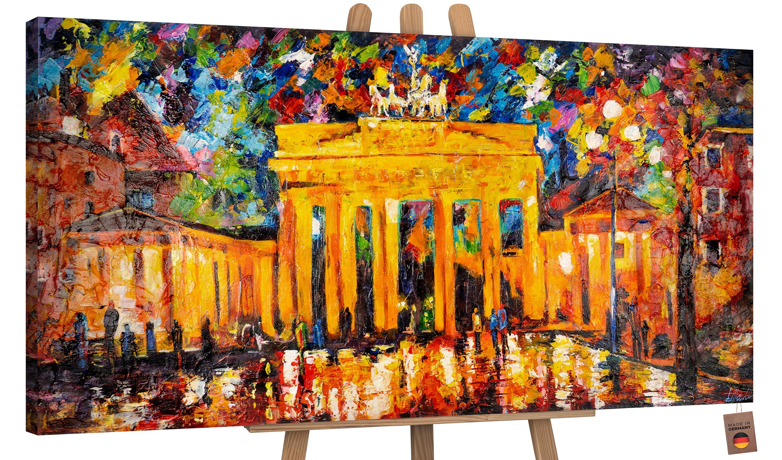 YS-Art Gemälde Brandenburger Tor, Architektur, Leinwand Bild Handgemalt Berlin bei Nacht Orange Rot Ohne Schattenfugenrahmen