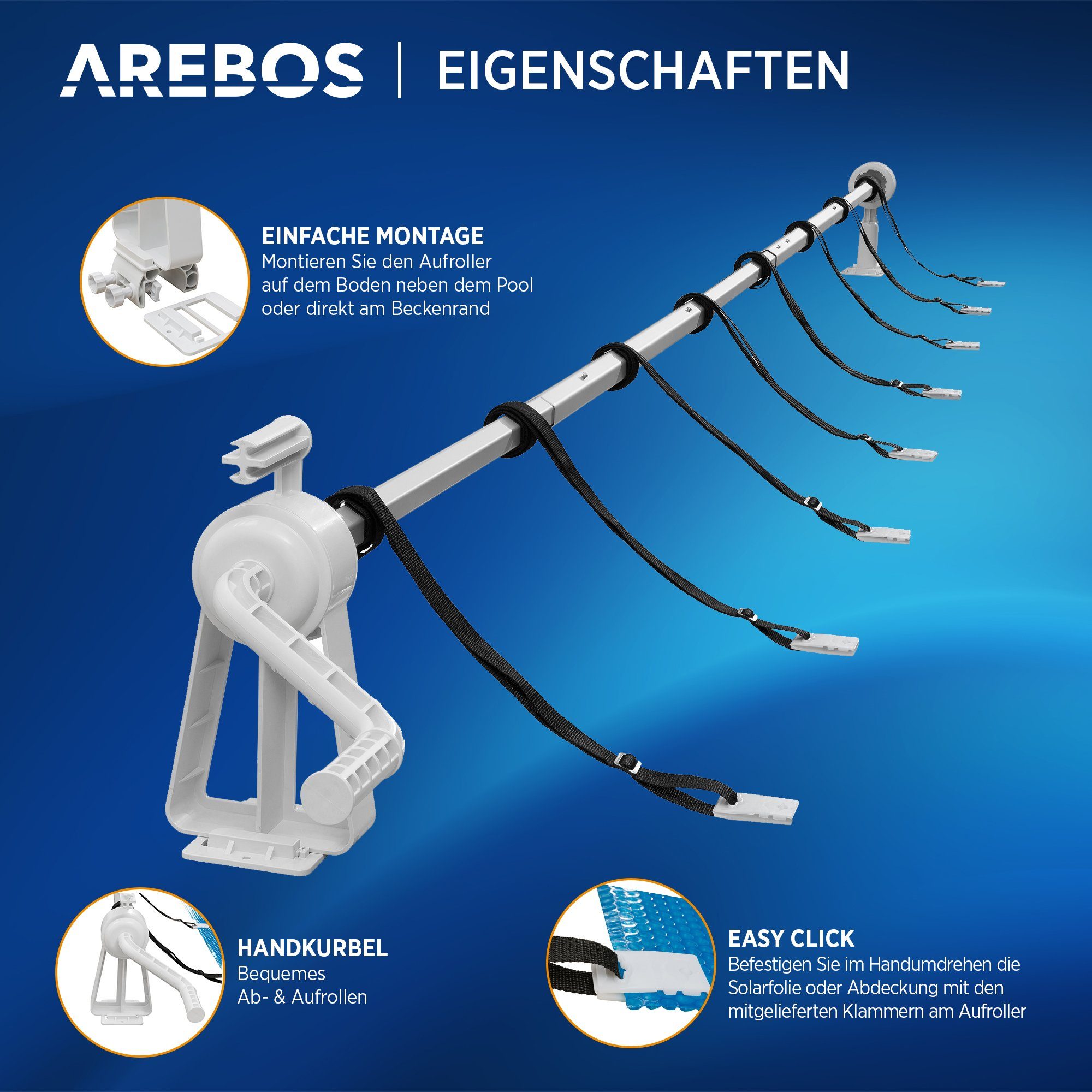 Arebos Pool-Abdeckplane Aufrollsystem für Solar- und Poolplanen, Pool Aufroller, 1,05 bis 6,15 m in der Länge anpassbar
