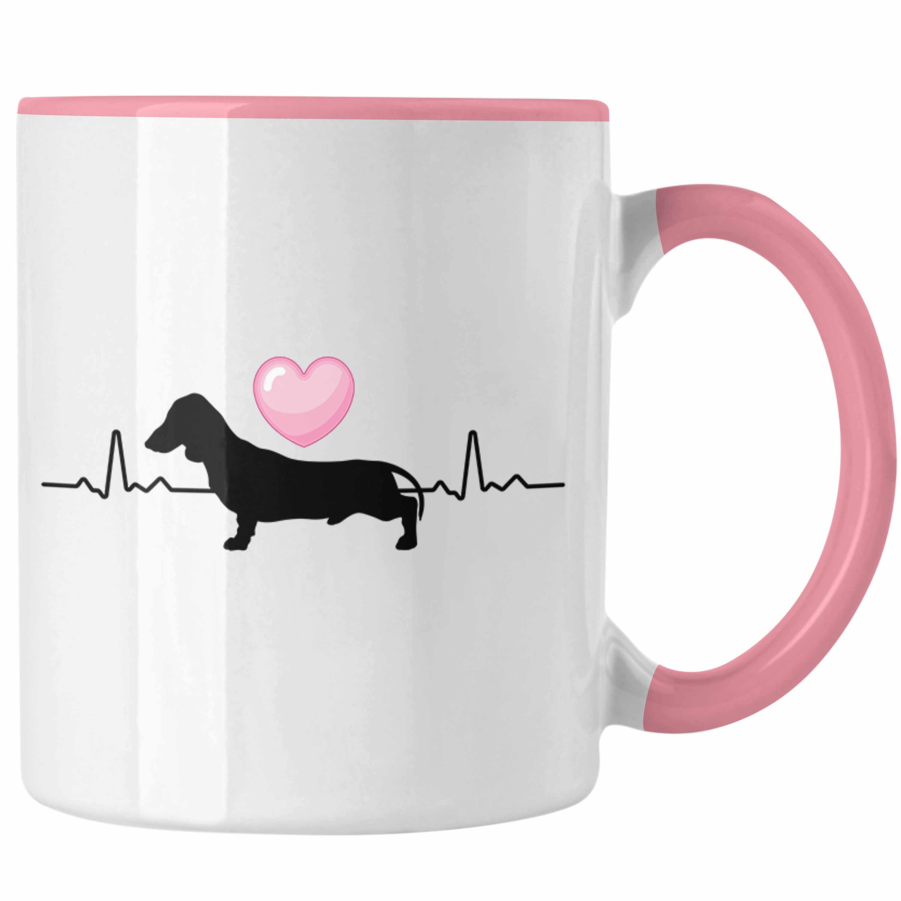 Trendation Tasse Dackel Tasse Geschenke Dachshund Rauhaardackel Lustig Herzschlag Rosa