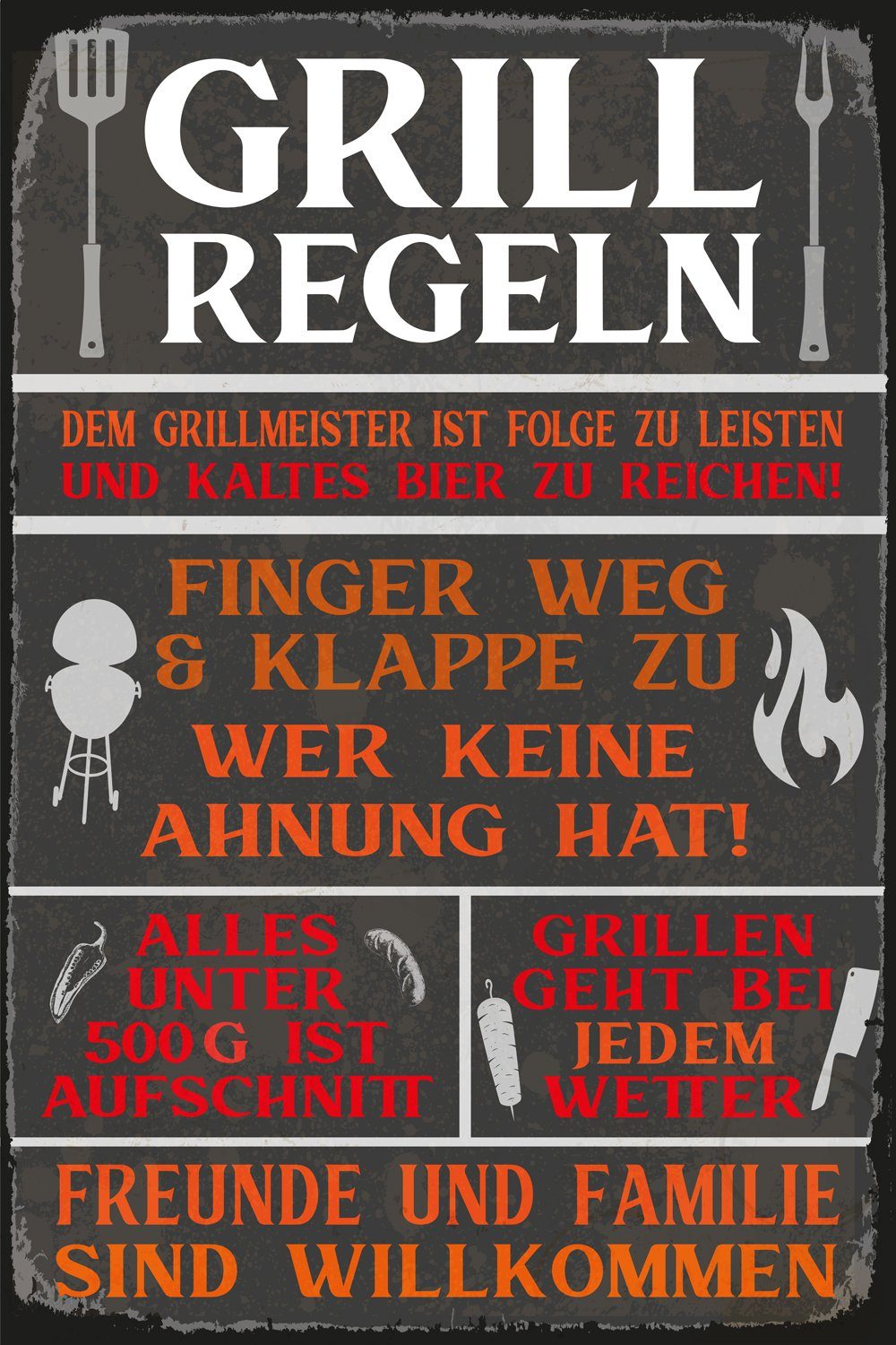 queence Metallbild Grillregeln, Essen, Geschirr & Besteck, Getränke, Schriftzug, Sprüche, Sprüche & Texte, Vintage (1 St), 20x30cm inkl. Aufhängung, Outdoor geeignet