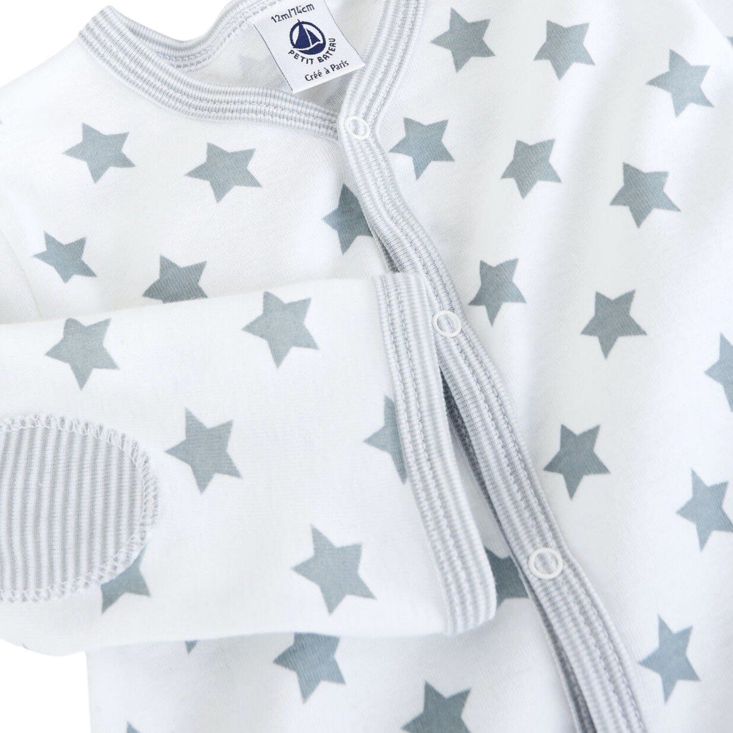 Petit Bateau Strampler Petit Bateau Langarm Overall weiß mit graublauen Sternen