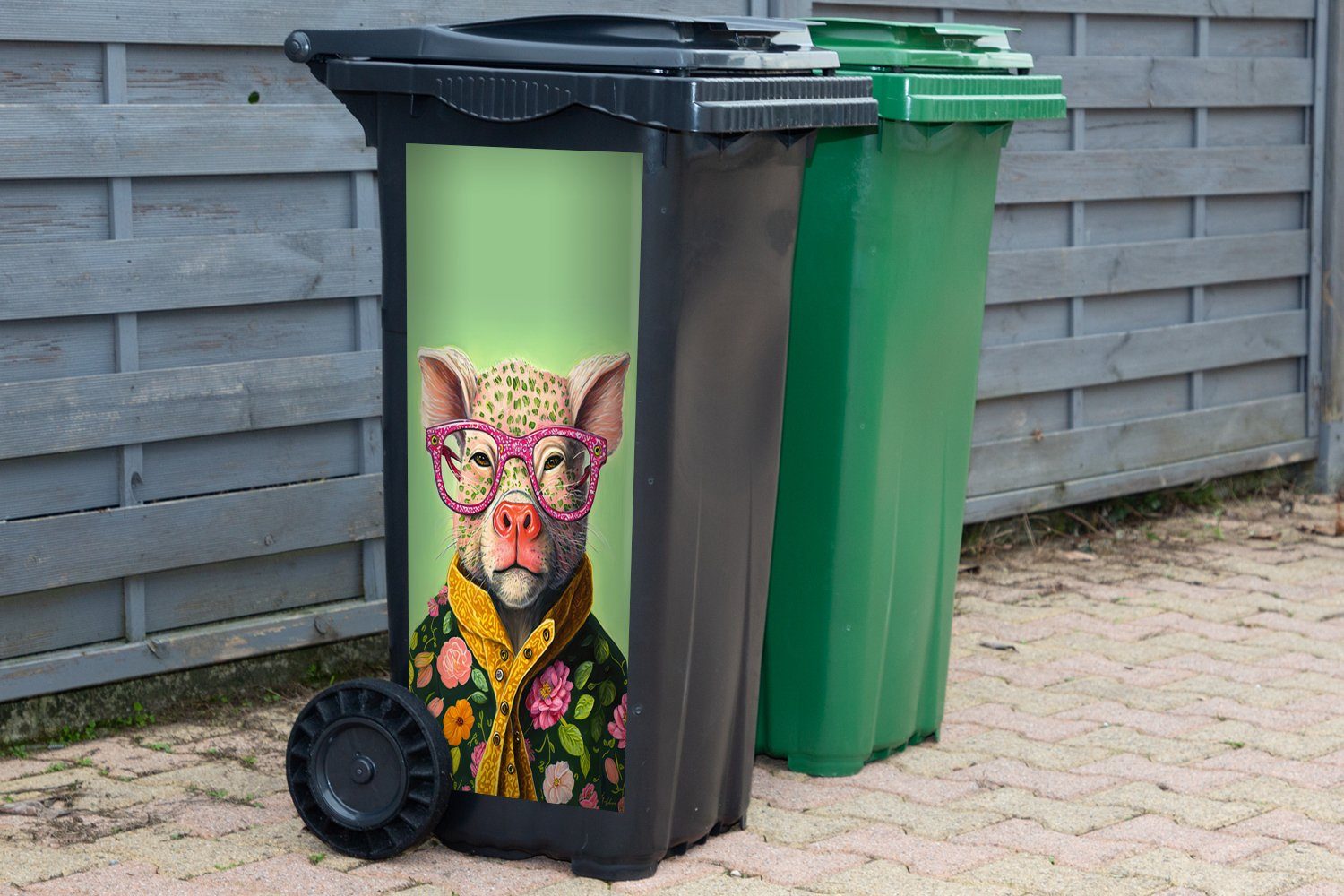 St), Abfalbehälter MuchoWow Sticker, Rosa Mülleimer-aufkleber, (1 Brille Blumen - Container, Mülltonne, Wandsticker Tier - Schwein - -