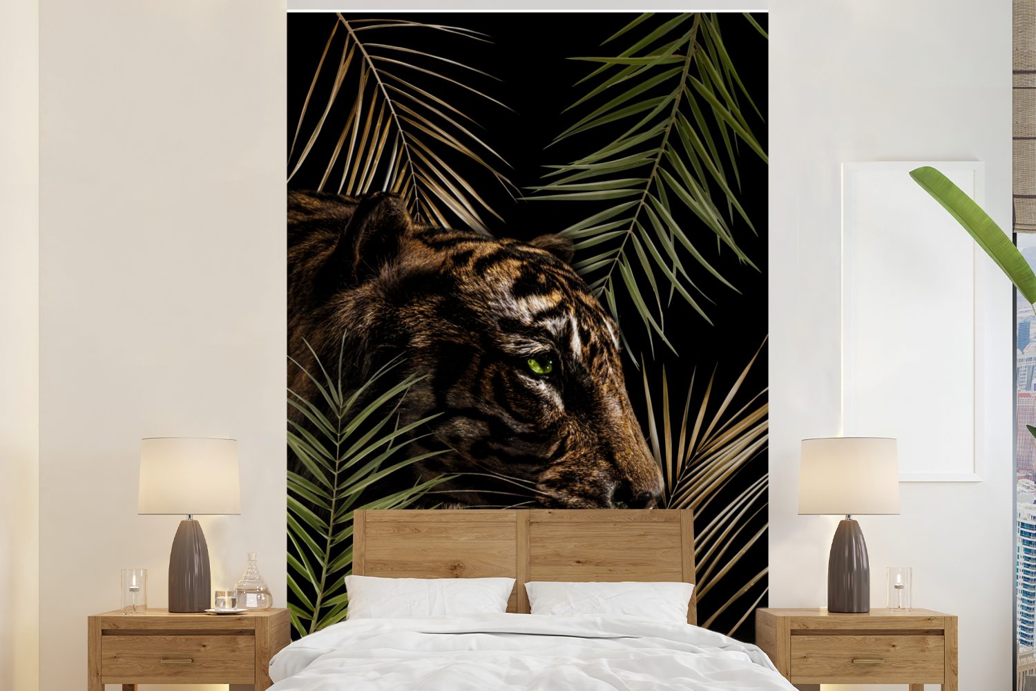 Tiger bedruckt, - St), Wohnzimmer, - Pflanzen für Montagefertig Palme, Fototapete (3 Matt, MuchoWow Tapete Vinyl Wandtapete