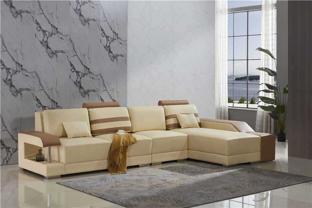 Ecksofa Beige L-förmiges Ledersofa mit Ottomane und Edelstahlfüßen