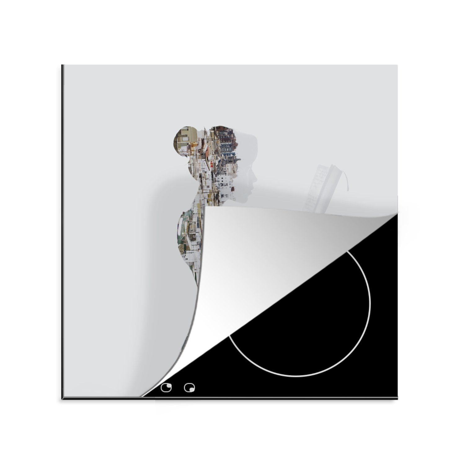 MuchoWow Herdblende-/Abdeckplatte Mehrfachbelichtungsbild einer Frau und Valencia, Vinyl, (1 tlg), 78x78 cm, Ceranfeldabdeckung, Arbeitsplatte für küche