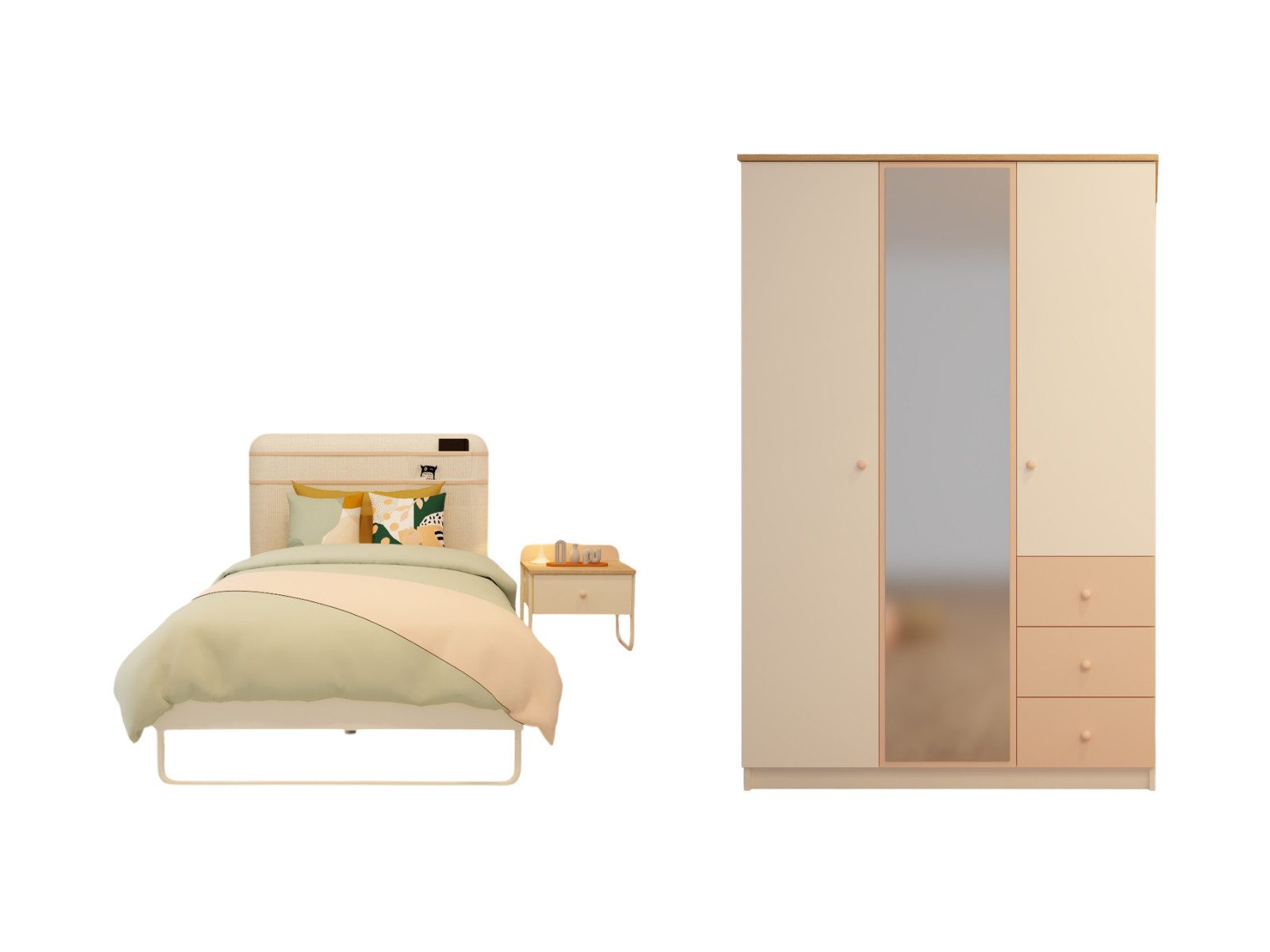 Villa Möbel Jugendzimmer-Set Liserra, (Jugendzimmer-Set, 3-tlg., Bett mit Kopfteil, 1 x Nachttisch und 3 trg. Kleiderschrank), Bett Schreibtisch Schrank Kommode mit sanfter Pastelloptik