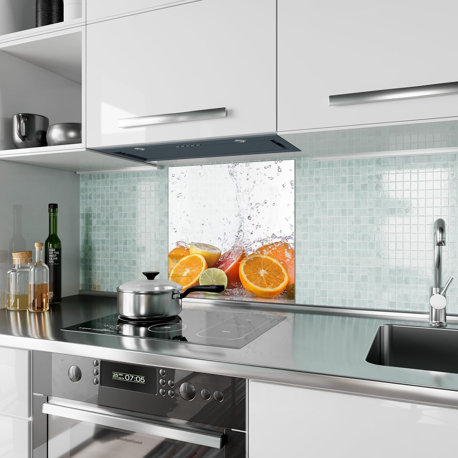 Motiv Küchenrückwand Zitrusfrüchte Glas mit Splash Küchenrückwand Spritzschutz Primedeco auf
