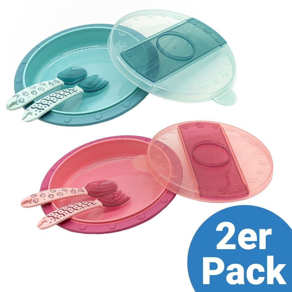 Babyteller Kinderteller & Grün Pack Besteck zum inkl. Mitnehmen Pink, 2er Teller MiaMia Kinder