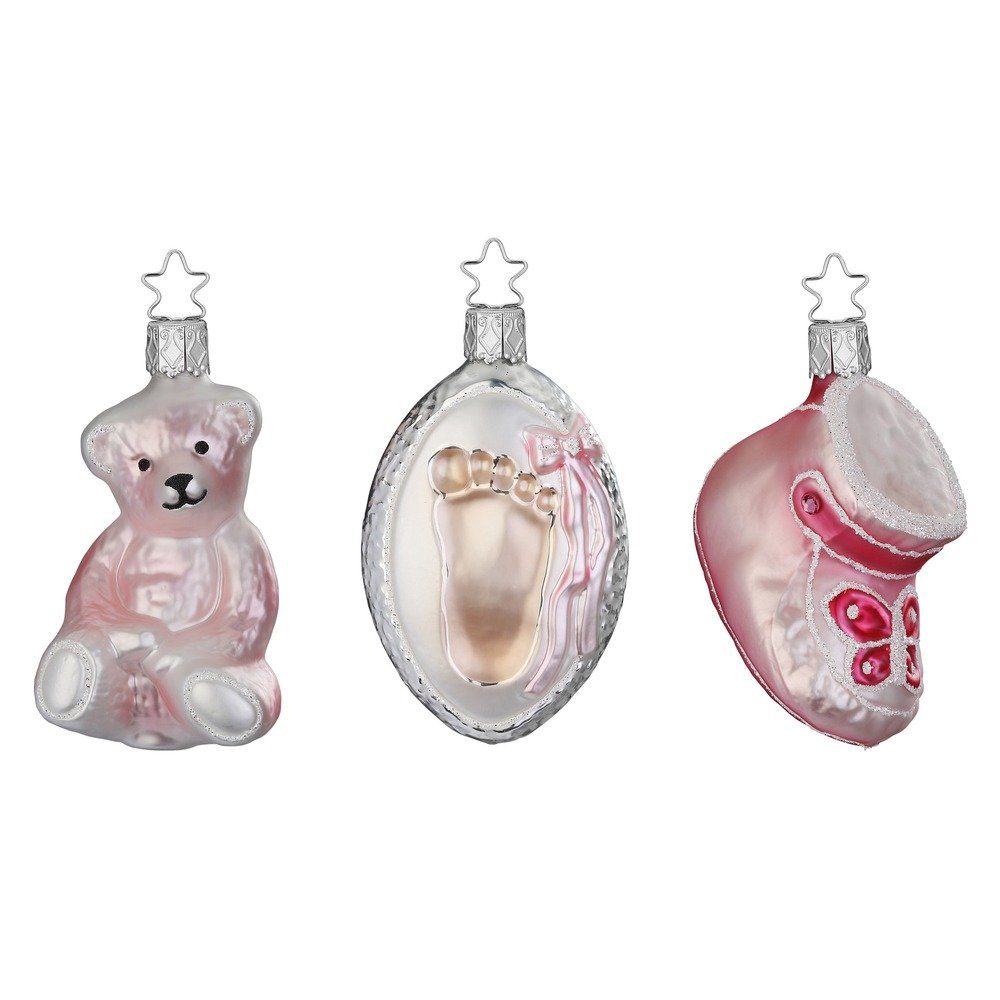Geschenkset Glas Baby rosa Mädchen 3-teilig 7,5-9cm Christbaumschmuck, INGE-GLAS® Christbaumschmuck