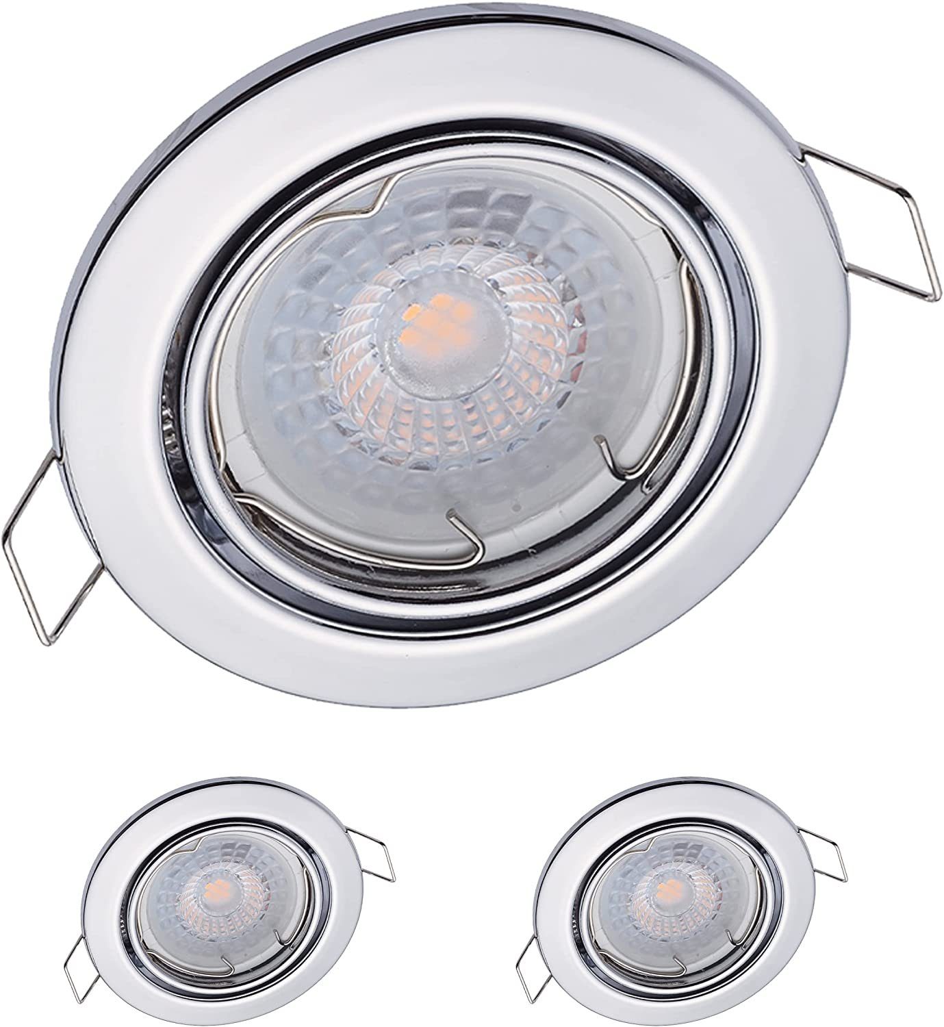 Oktaplex lighting LED Einbaustrahler 3 Stück LED Deckenstrahler flach inkl. LED Module 4,8W 380 Lumen, 3-Step Dimmung, Leuchtmittel wechselbar, warmweiß, 2700 Kelvin 230V schwenkbar chromfarben