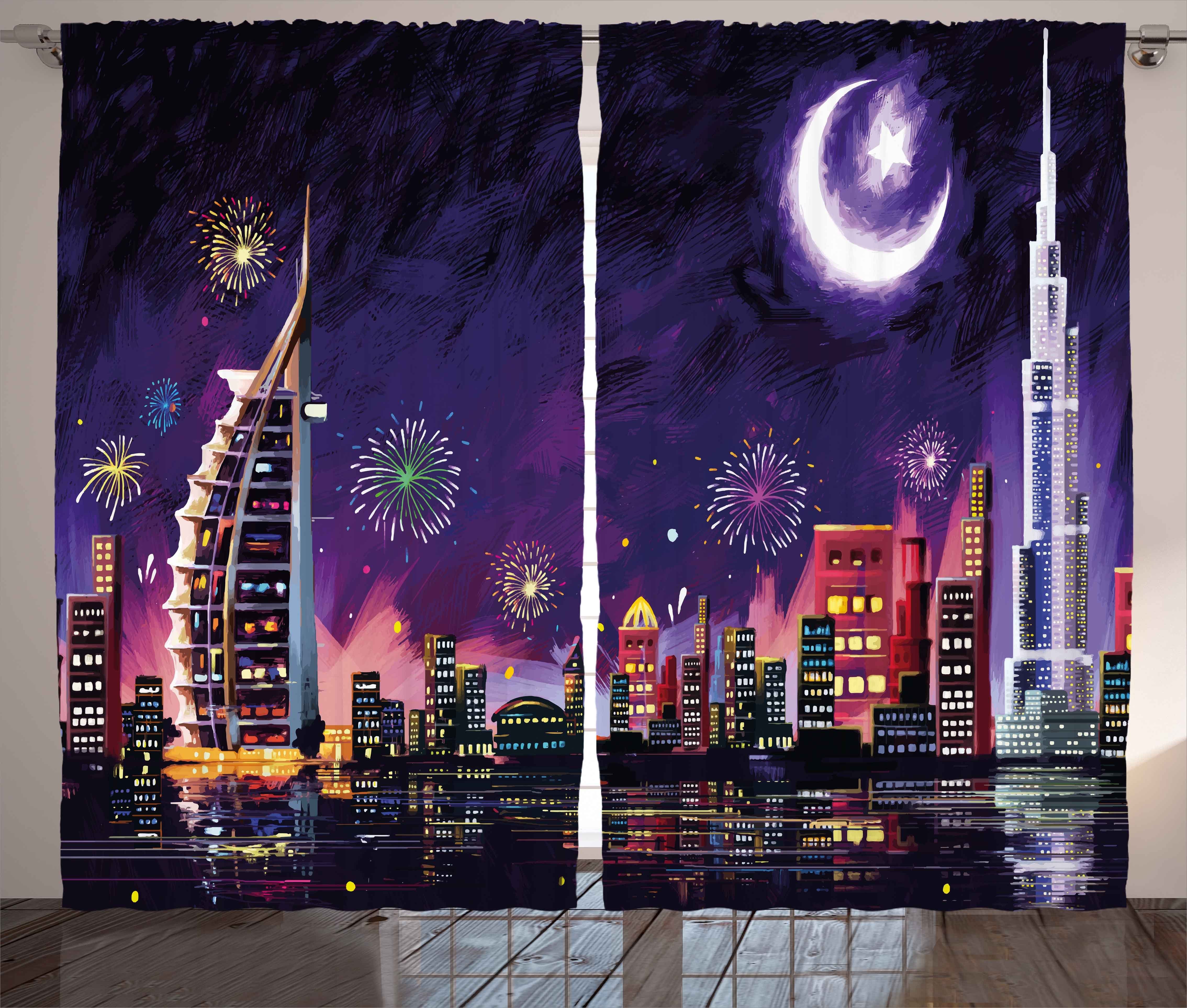 Vorhang und Kräuselband mit Gardine Dubai Abakuhaus, Schlafzimmer Haken, Nacht Wolkenkratzer Schlaufen Landschaft