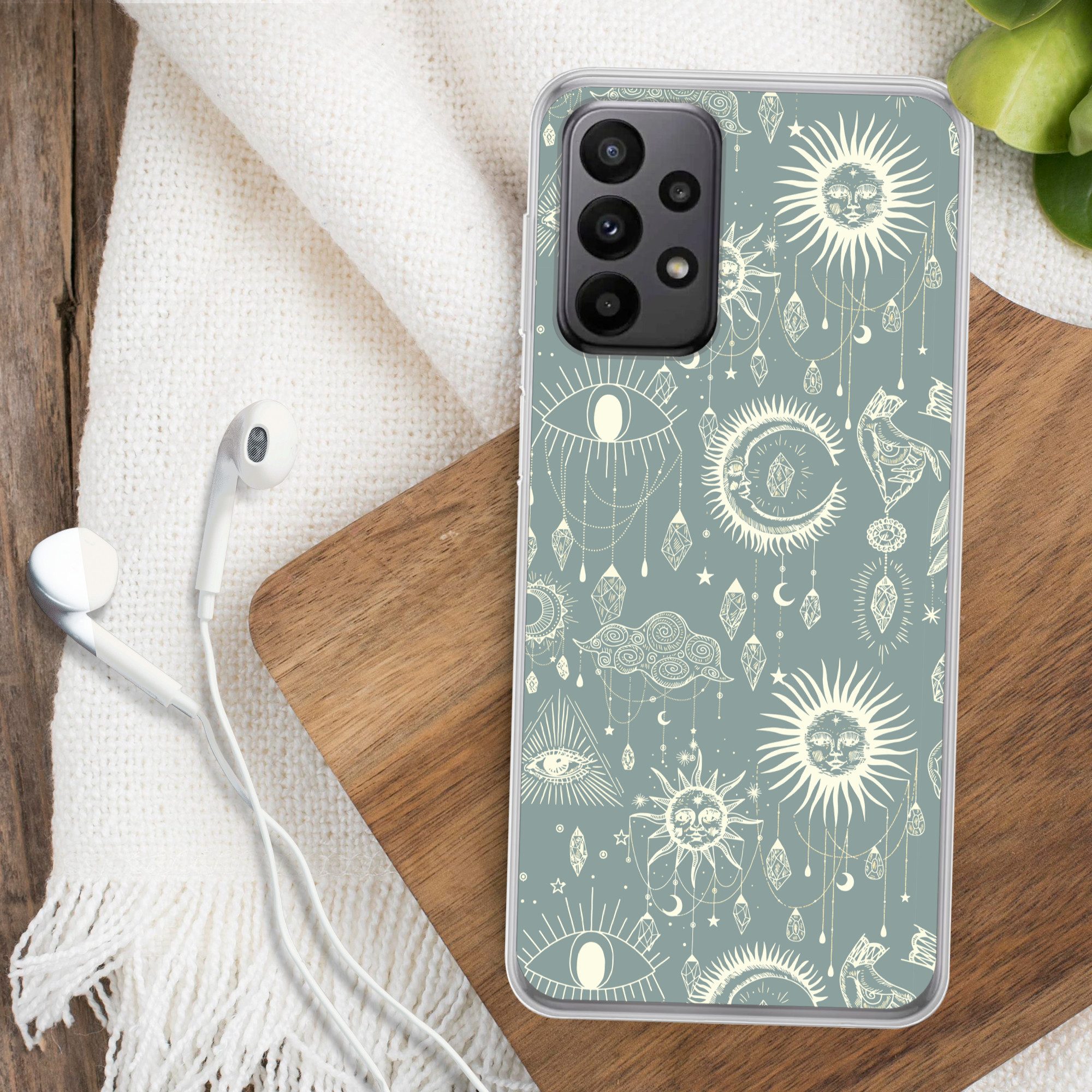 MuchoWow Handyhülle für Samsung Galaxy A23 5G Boho - Druck - Blau - Sonne - Augen - Zen, Smartphone-Bumper, Print, Handy Schutzhülle Dünn
