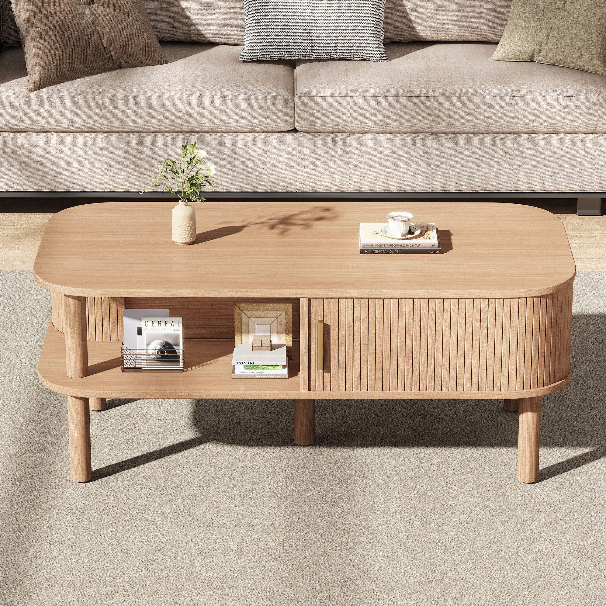 REDOM Couchtisch Skandinavischer Tisch mit geriffelter Schiebetür & Holzbeinen (Packung, 1-St., Natur, 110×55×45 cm, MDF, für Wohnzimmer), abgerundete Kanten, natürliche Optik
