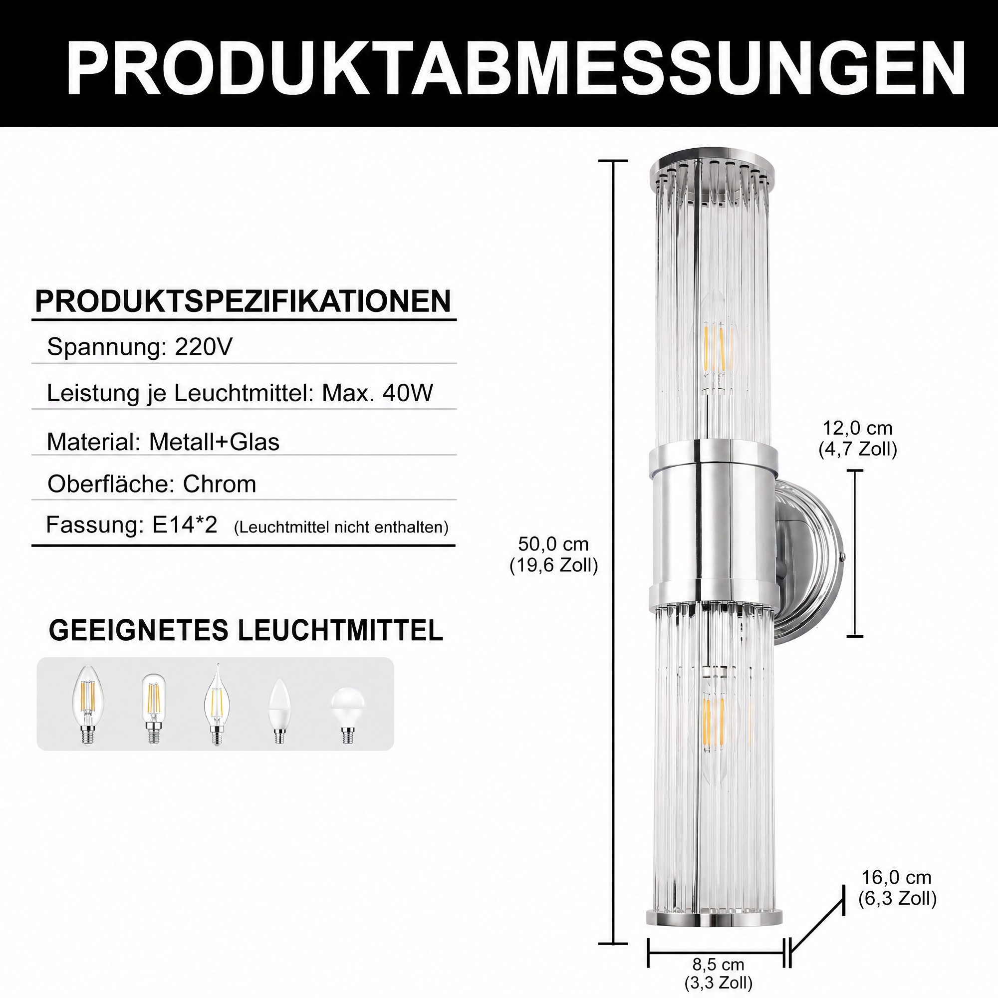 LOHAS-LED Wandleuchte Zweiflammige Wandleuchte mit geriffeltem Glas, ohne Leuchtmittel, Moderne Wandlampe mit zwei E14-Fassungen