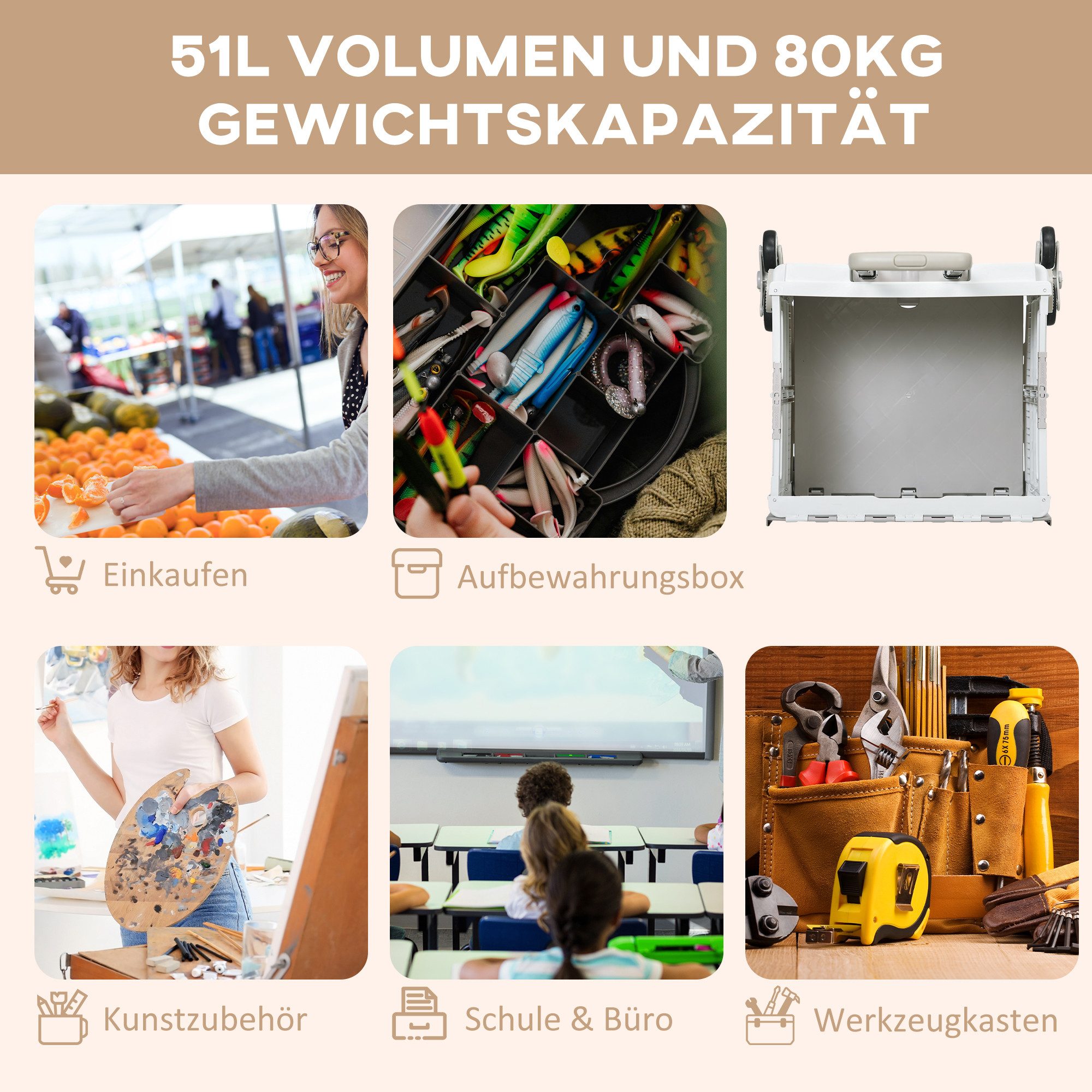 HOMCOM Einkaufstrolley klappbar Treppensteiger bis 80 kg aus Aluminium, 51 l, für Büro, Speicher, Schule, Weiß – Bild 5 von 5