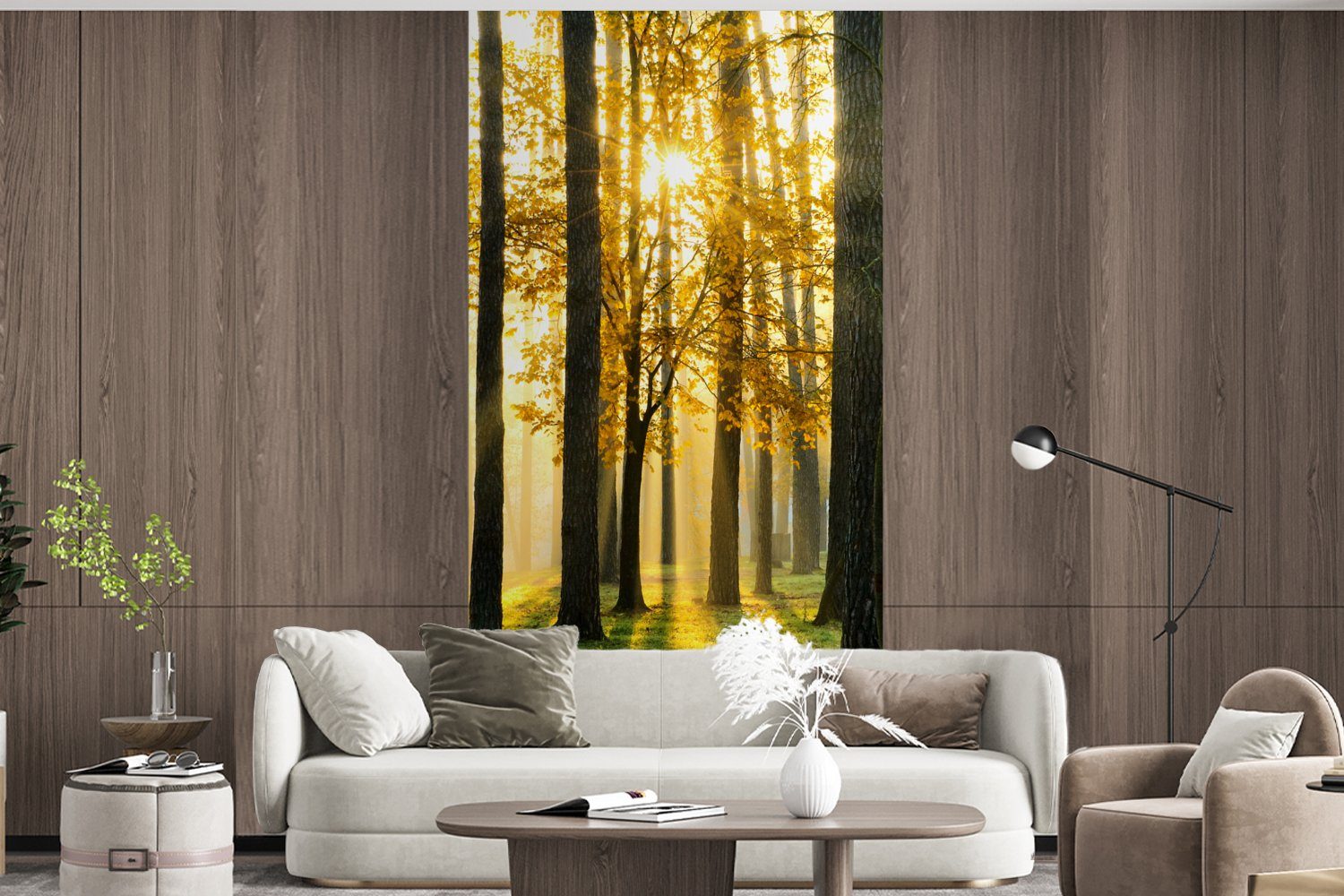 Schlafzimmer - Fototapete Natur, - bedruckt, Matt, - Wald Bäume Vliestapete Landschaft Wohnzimmer Küche, MuchoWow - - Sonne Gras (2 St), Fototapete für