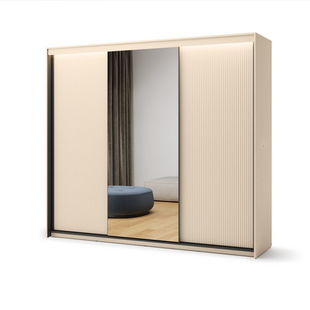 Friderik-EU Schiebetürenschrank 250 cm mit Spiegel & LED – Schwarz Sandbeig günstig online kaufen