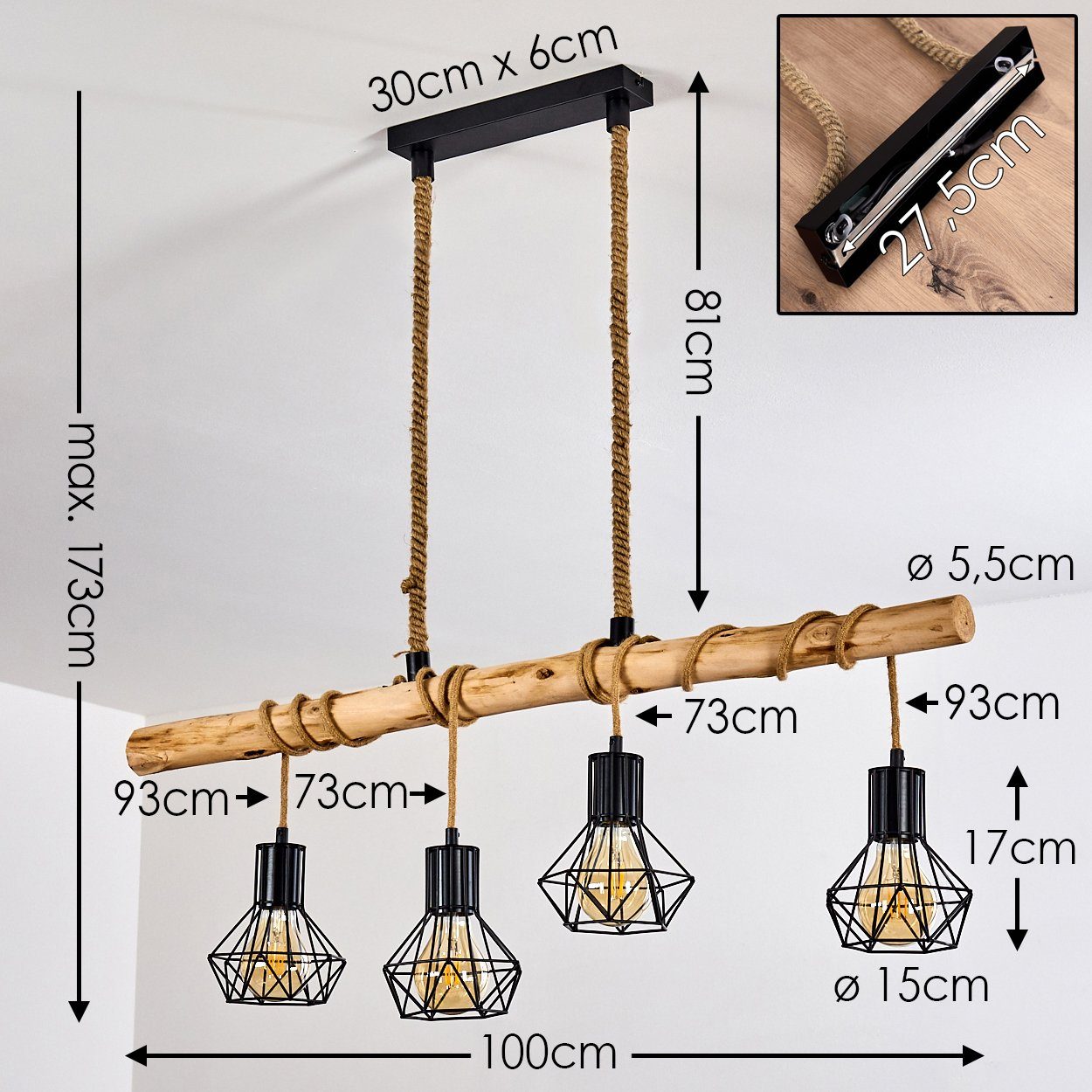 hofstein Pendelleuchte »Pomari« Hängelampe aus Metall/Holz/Kordel in Schwarz/Natur, ohne Leuchtmittel, 4xE27, mit Holzbalken im Retro/Vintage-Design, Höhe max.  – Bild 2 von 5