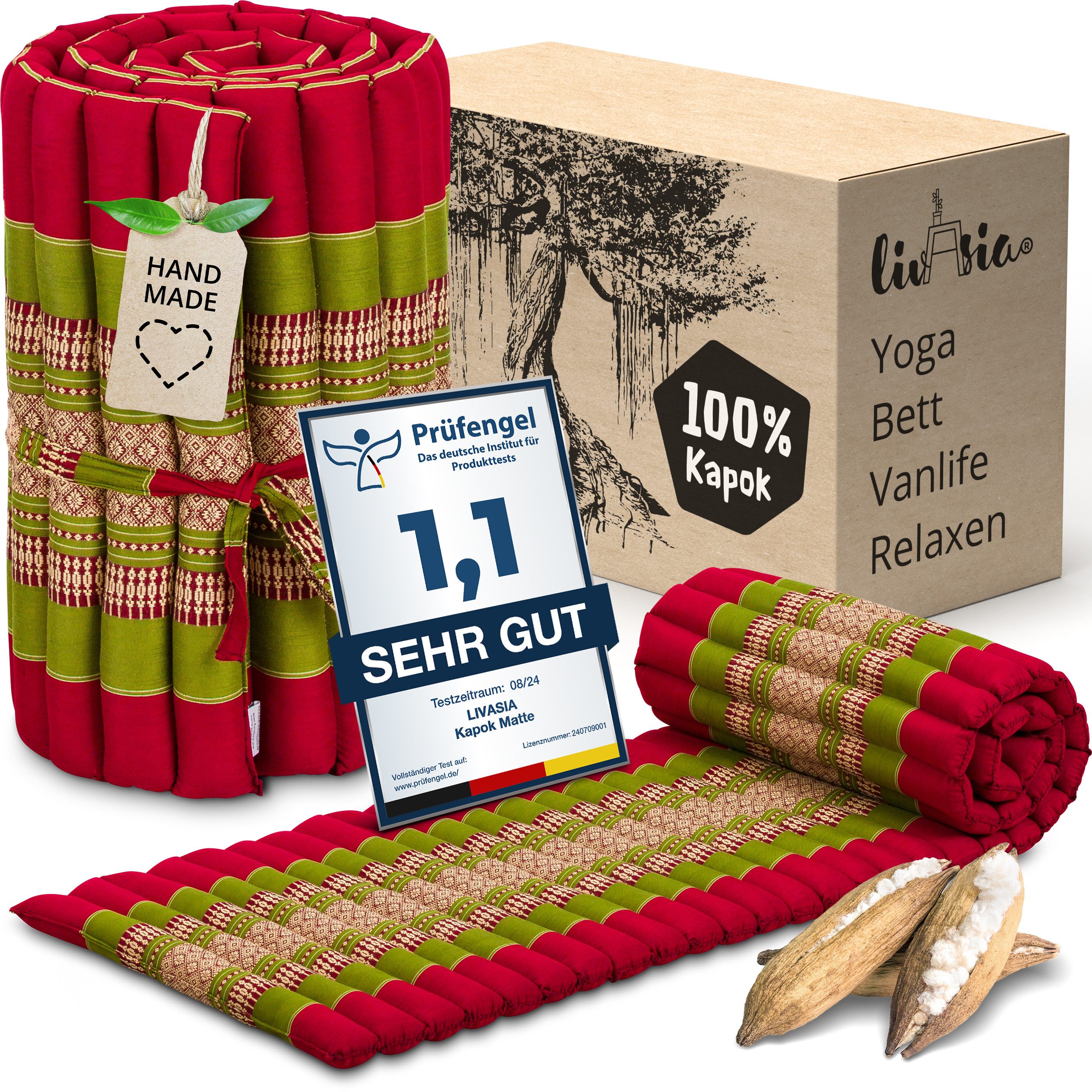 Reisebett-Matratzen Rollmatte 50 cm breit, vegan und handgefertigt, 210x50x4,5cm, livasia, 4,50 cm hoch, Kapok