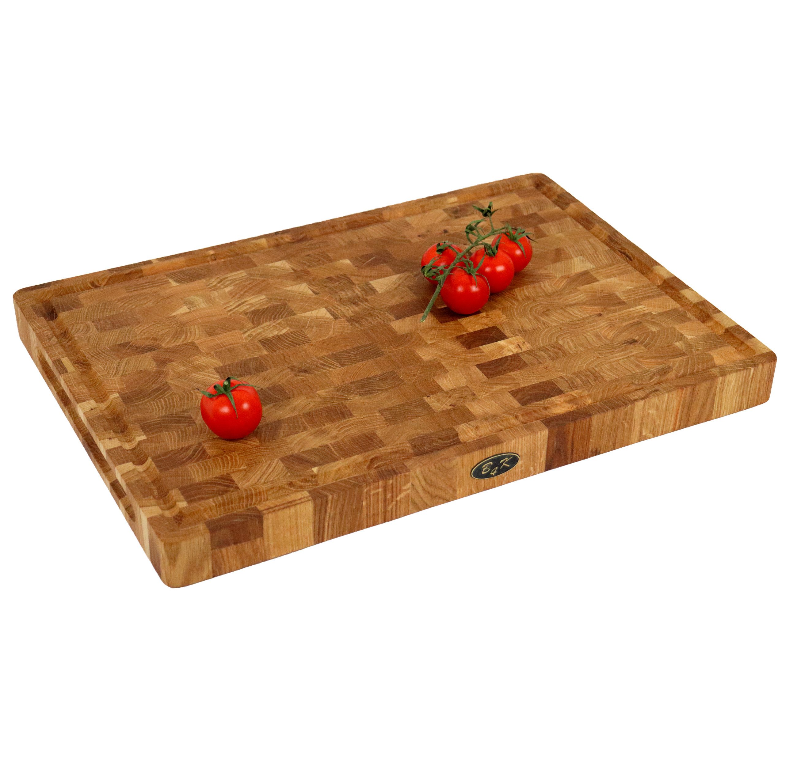 Schneidebrett 50х35х4cm aus Eiche Stirnholz mit Griffen, Silikonfüßen und Saftrille