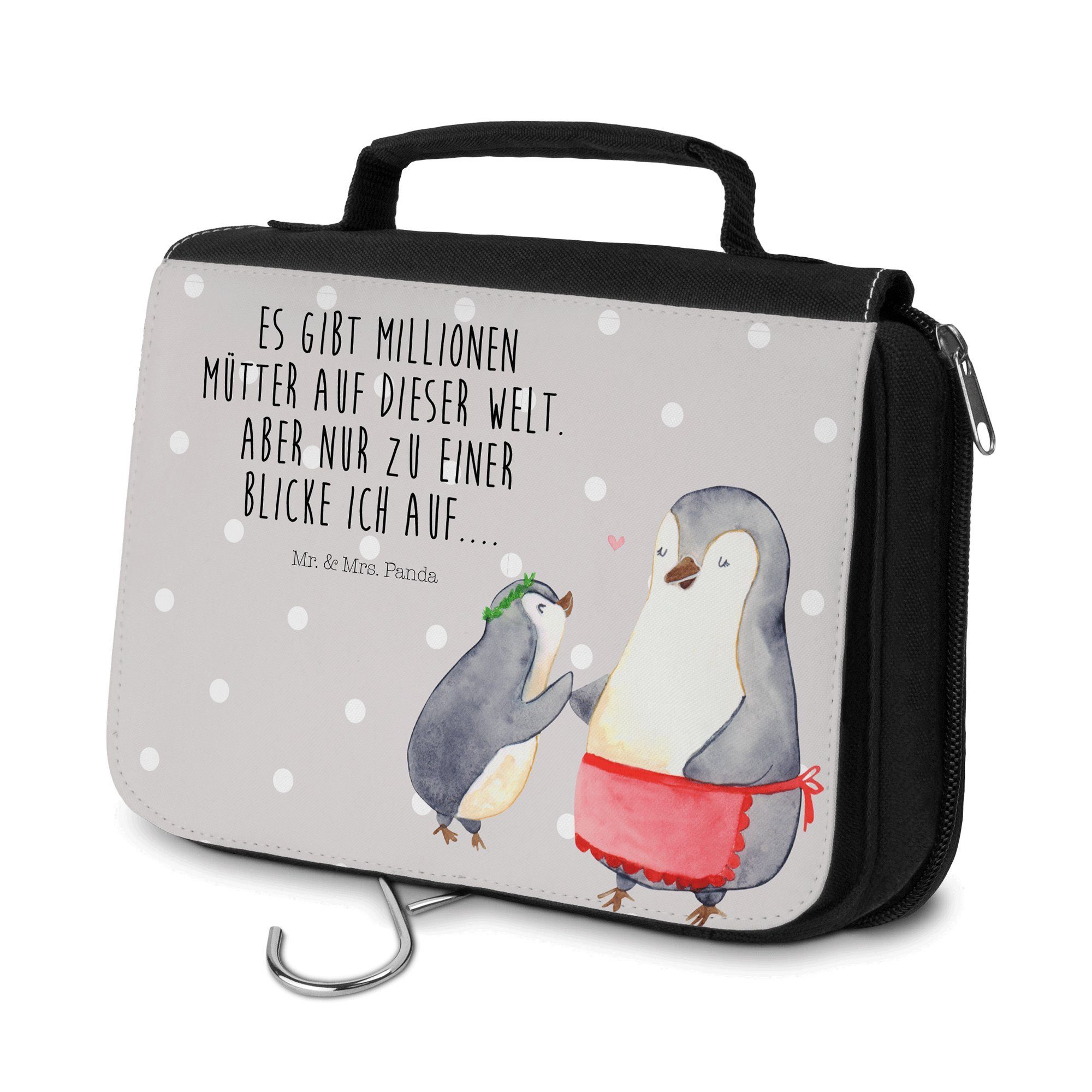 Mr. & Mrs. Panda Kulturbeutel Pinguin mit Kind - Grau Pastell - Geschenk, Opa, Papa, Mutter, Mama, (1-tlg)