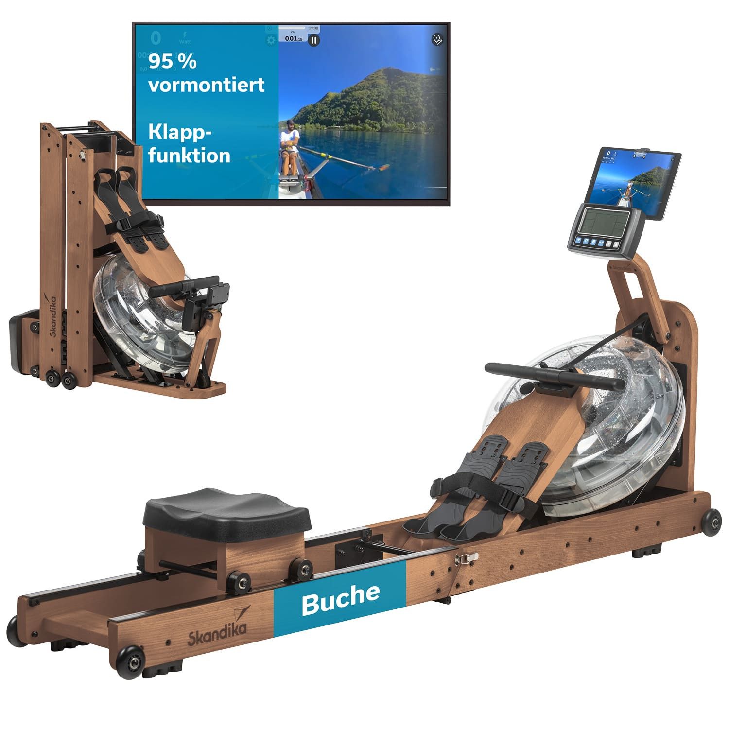Skandika Rudergerät Nytta, Wasserrudergerät für Zuhause, Buchenholz, Transportrollen, 45° Tank, klappbar, Kinomap App, LCD-Display, Bluetooth, bis 150 kg