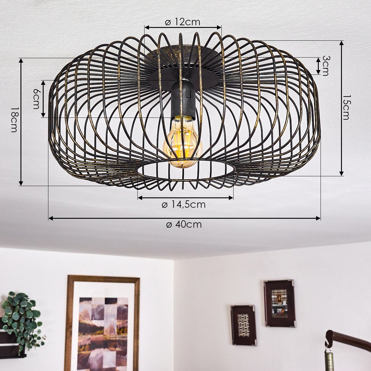 hofstein Deckenleuchte »Pieris« runde Deckenlampe aus Metall in Schwarz/Gold, ohne Leuchtmittel, E27, Retro-Leuchte mit Lichteffekt durch Gitter-Optik – Bild 4 von 5
