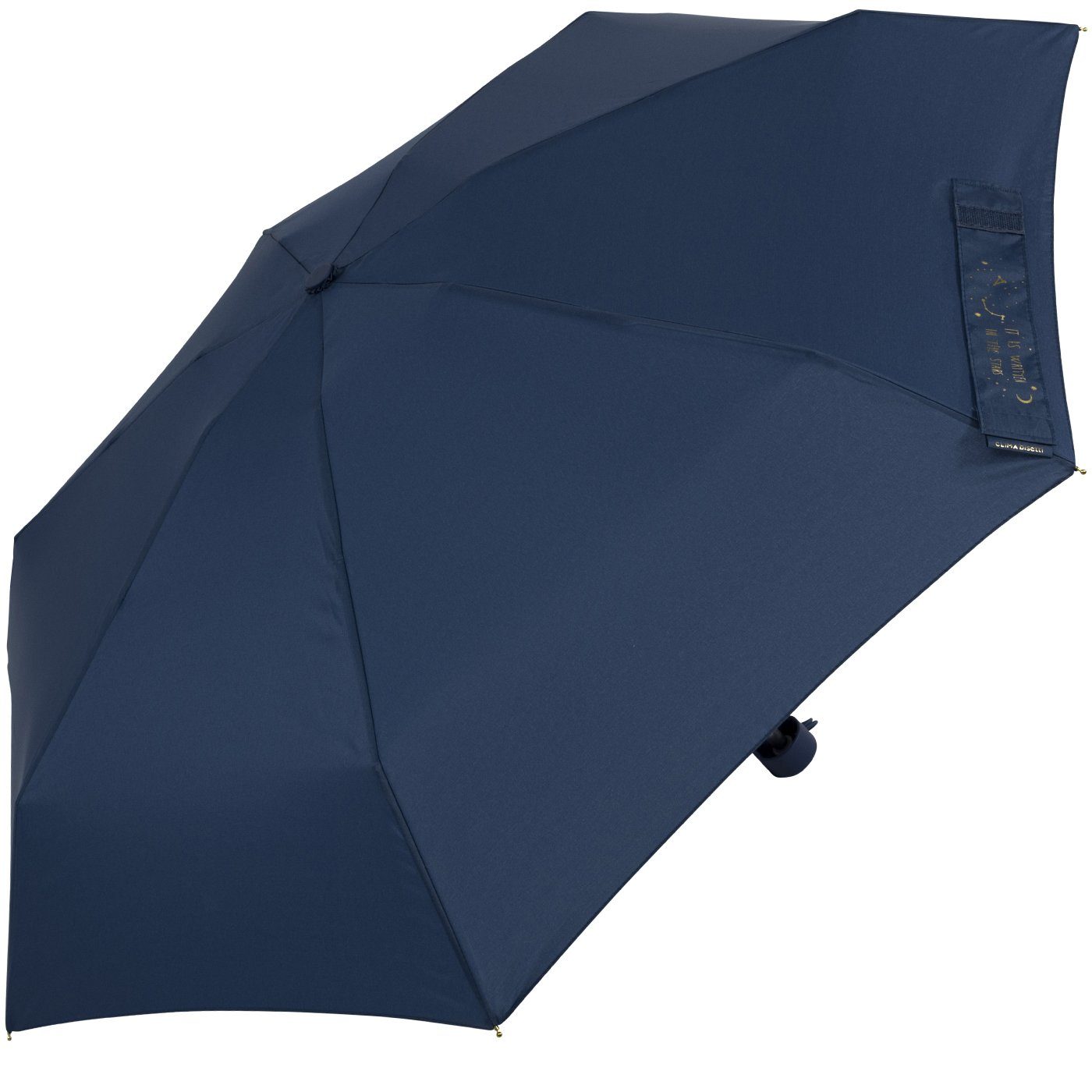 Damen-Regenschirm, und blau, mit stabil goldenem bisetti Taschenregenschirm Aufdruck navy klein, kompakt, auf dem Schließband