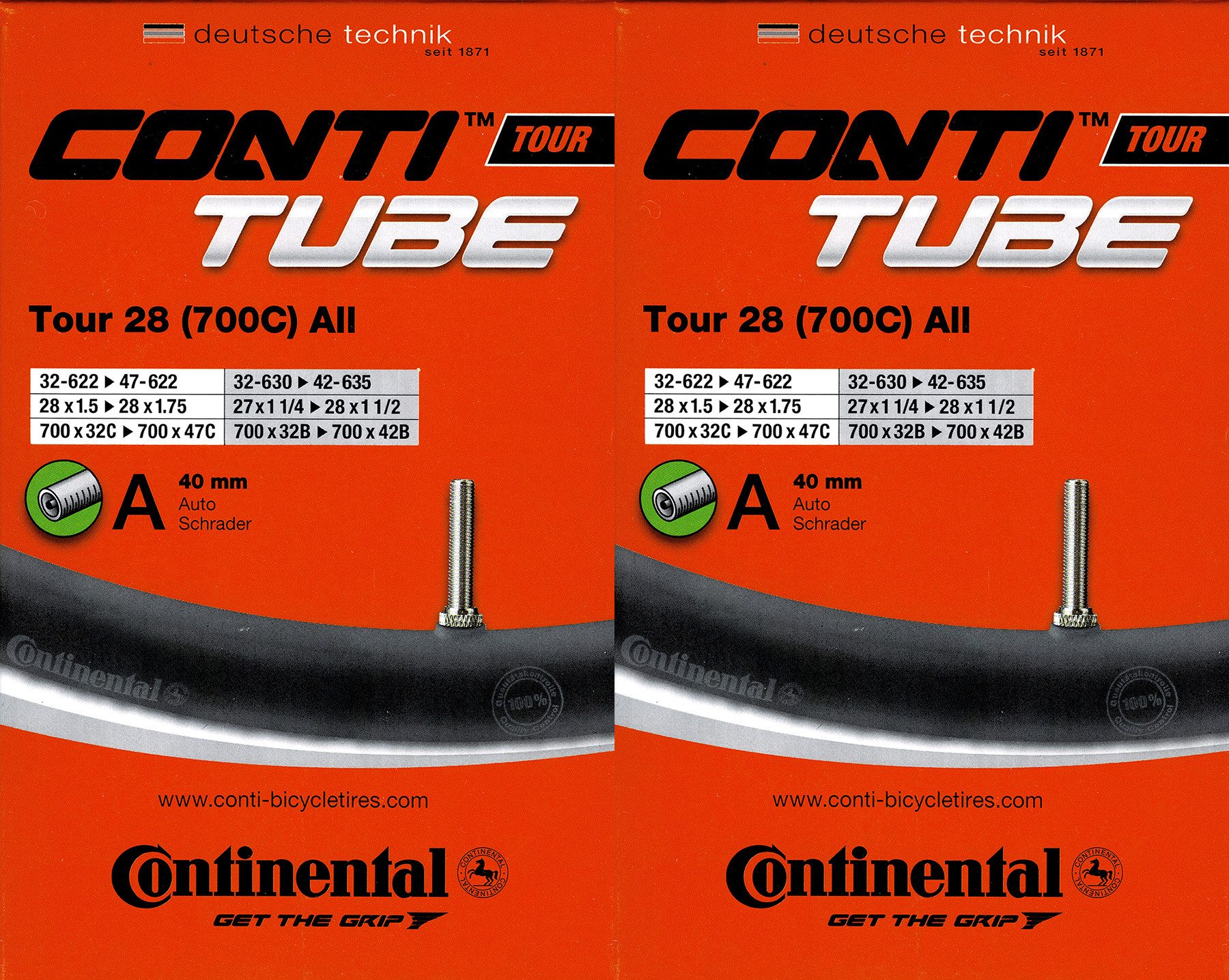 CONTINENTAL Fahrradschlauch 2x Continental Tour 28 All 28 Zoll AV (32/47-622) (32/42-630/635), 1,50, 1 3/8 x 1 1/2, 1,30, 1 1/2, 1,40, 1 3/8, 1,60, 1 1/4, 1,25, 1,35, (2-St)