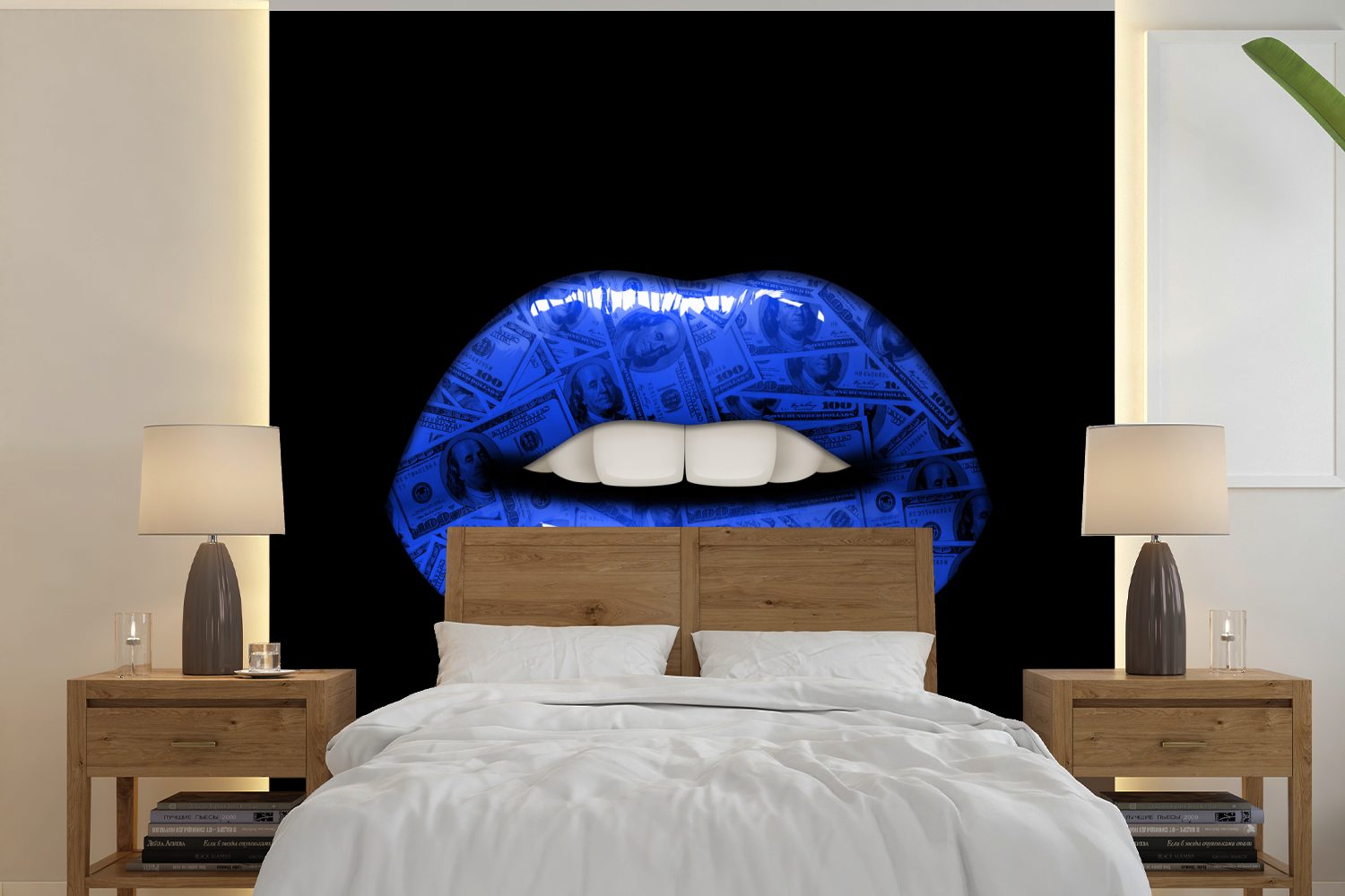 MuchoWow Fototapete Lippen - Geld - Blau, Matt, bedruckt, (5 St), Vinyl Tapete für Wohnzimmer oder Schlafzimmer, Wandtapete | Fototapeten