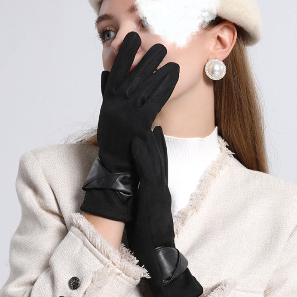 hohem Frackhandschuhe warm mit kälteschützend Damenhandschuhe Pelzkugeln Fäustlinge und LAKKEC Stretch, leichte Elegante Schwarz mit