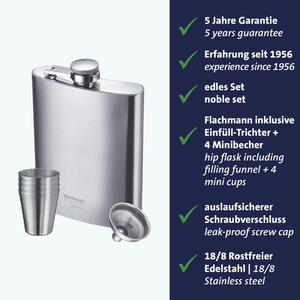 WESTMARK Flachmann mit Trichter, 236 ml »Delano« + 4 Mini-Becher