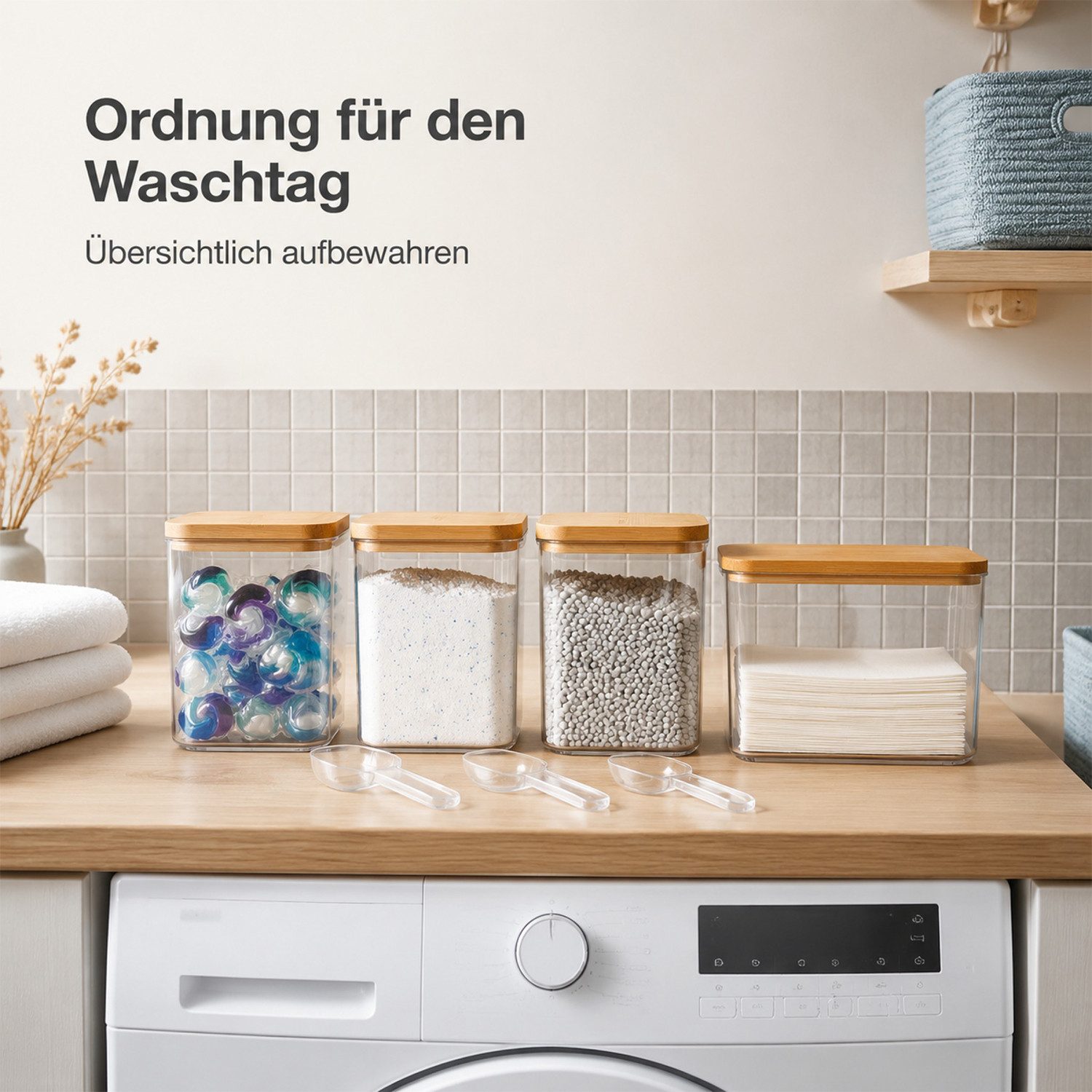 SURFOU Aufbewahrungsdose 4 Stück Waschmittelbox Wäsche Pods Behälter mit Löffeln (Waschpulver Aufbewahrungsbox mit Bambusdeckel), Waschmittel Aufbewahrung für P – Bild 3 von 5
