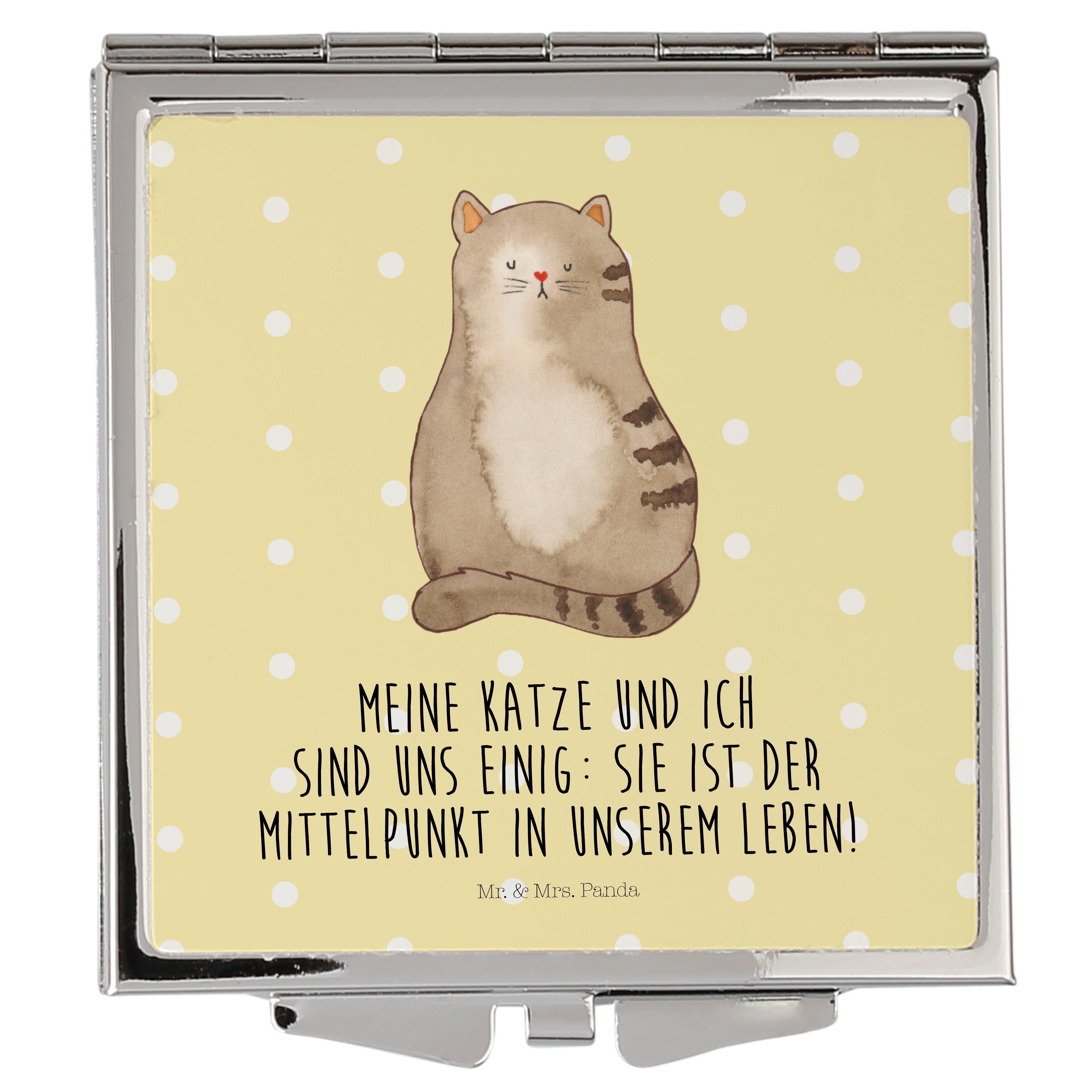 Mr. & Mrs. Panda Kosmetikspiegel Katze sitzend - Gelb Pastell - Geschenk, Quadrat, Katzenmotiv, Katzen (1-St)