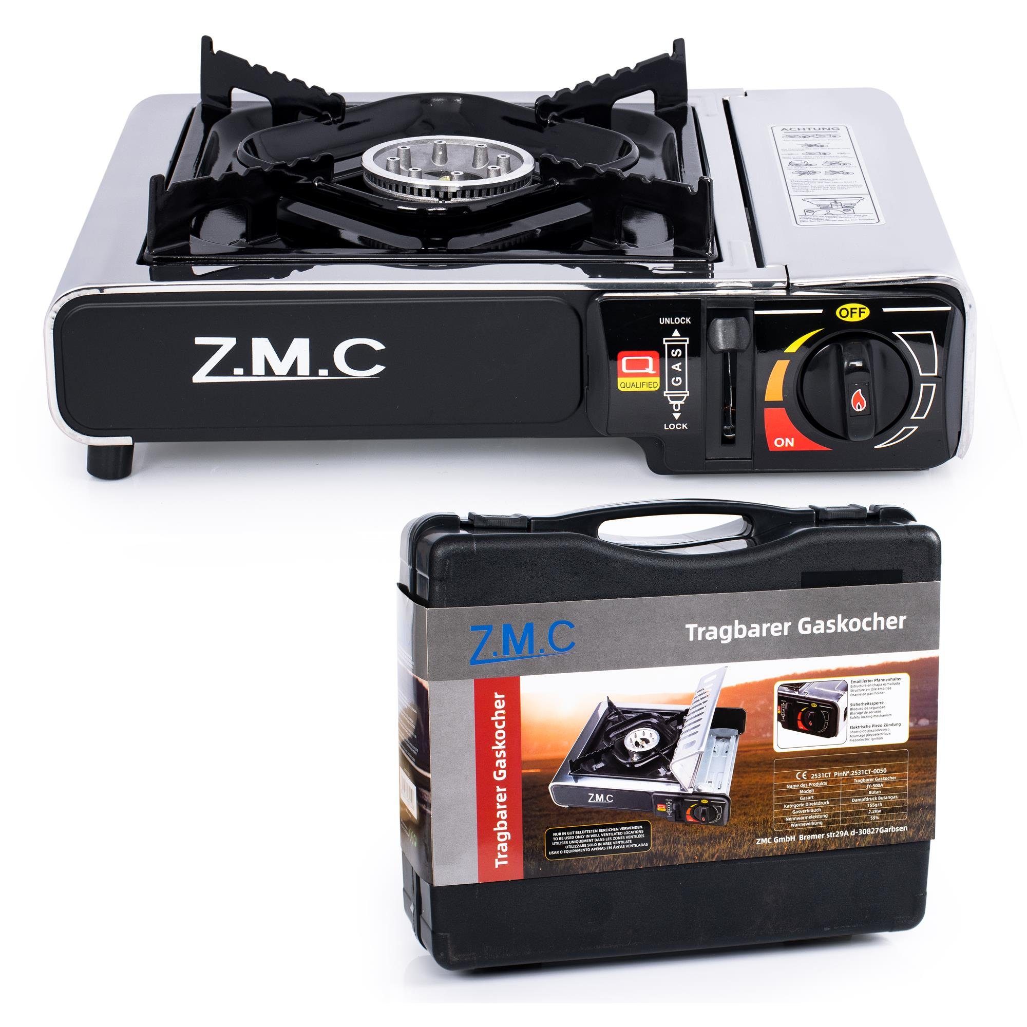 Kocher Kochfeld), ZMC Kartuschenkocher Outdoor Tragbarer Camping Gaskocher Edelstahl Campingkocher Transportkoffer Gas 2,2KW Flammig, Gaskocher (Wärmeleistung: + Herd 1