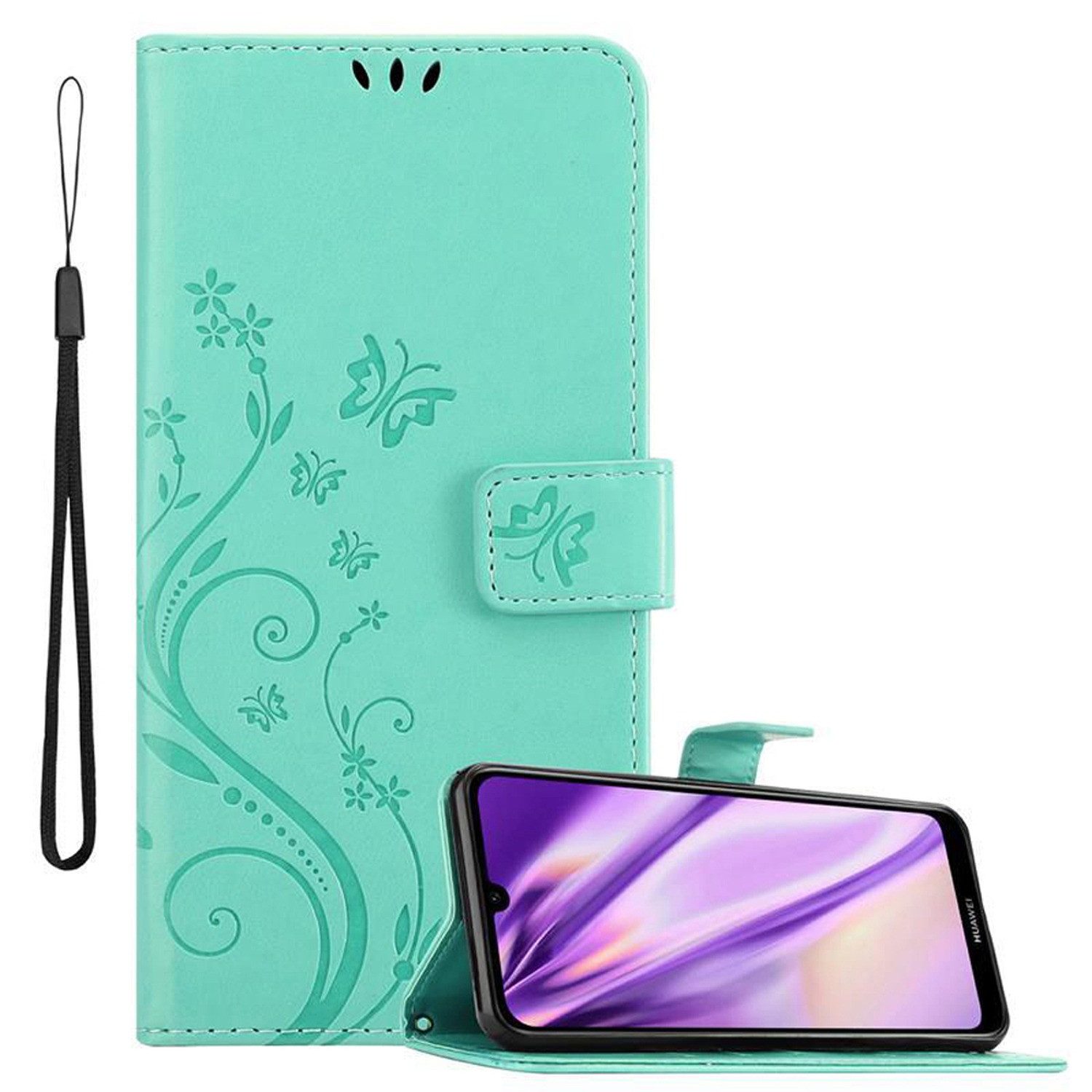 Cadorabo Handyhülle für Huawei Y6 2019 Hülle Huawei Y6 2019, Hülle Schutzhülle Blumen Flower mit Standfunktion Kartenfach Magnet