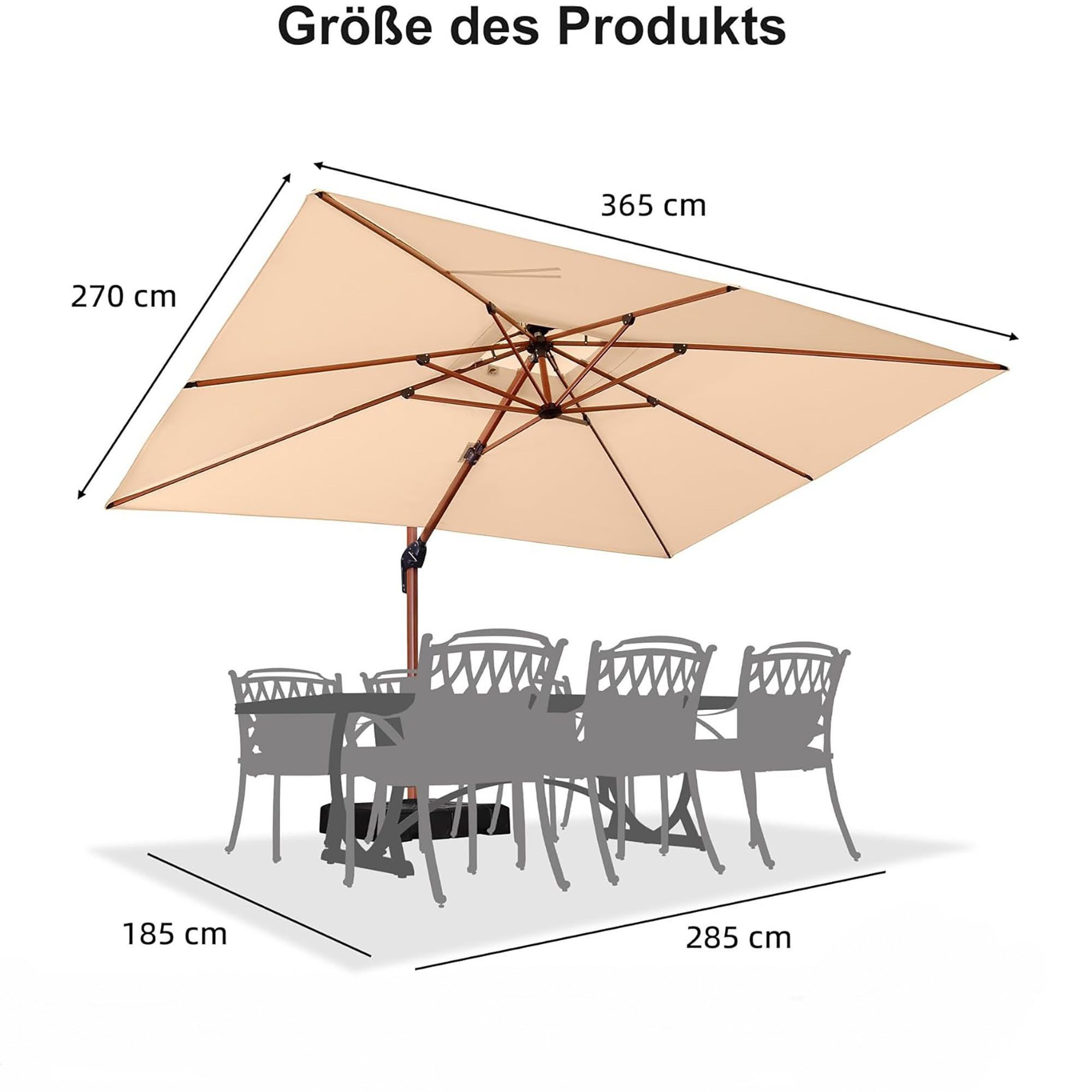 PURPLE LEAF Sonnenschirm Außenbereich Holzoptik Rechteckig Ampelschirm mit Ständer, LxB: 365,00x270,00 cm, Holzmaserung, für Garten,Terrasse, Pool