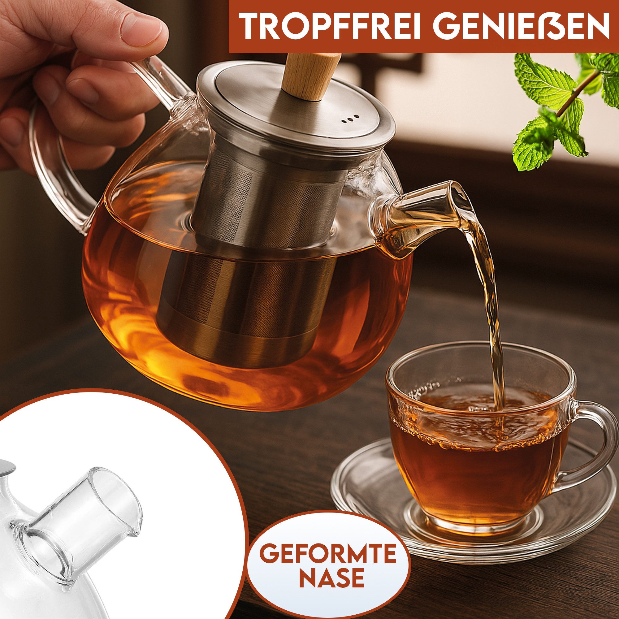 hausleben Teekanne Glas mit Edelstahl-Sieb Untertelle 1,5 Liter, (1-St), Bambus Unterteller Tropffrei, Hitzebeständig, Spülmaschinenfest