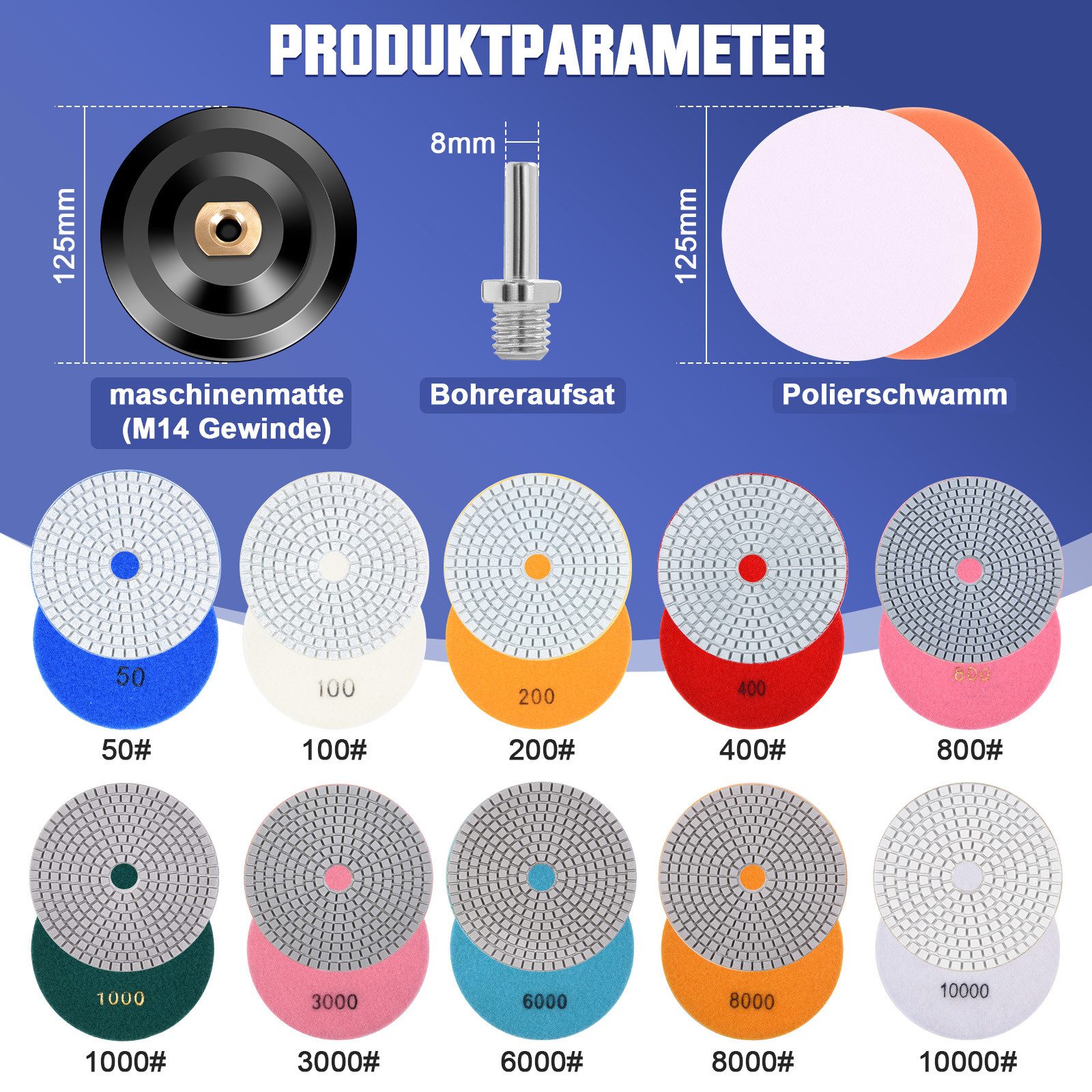 XERSEK Polishing Pad 16 Pieces M14 Diamond Polishing Discs Wet/Dry Sanding Pad Polishing Pad, Ø125mm Floor Grinder Polisher 50-10000# with Suction Pad + Drill Attachment