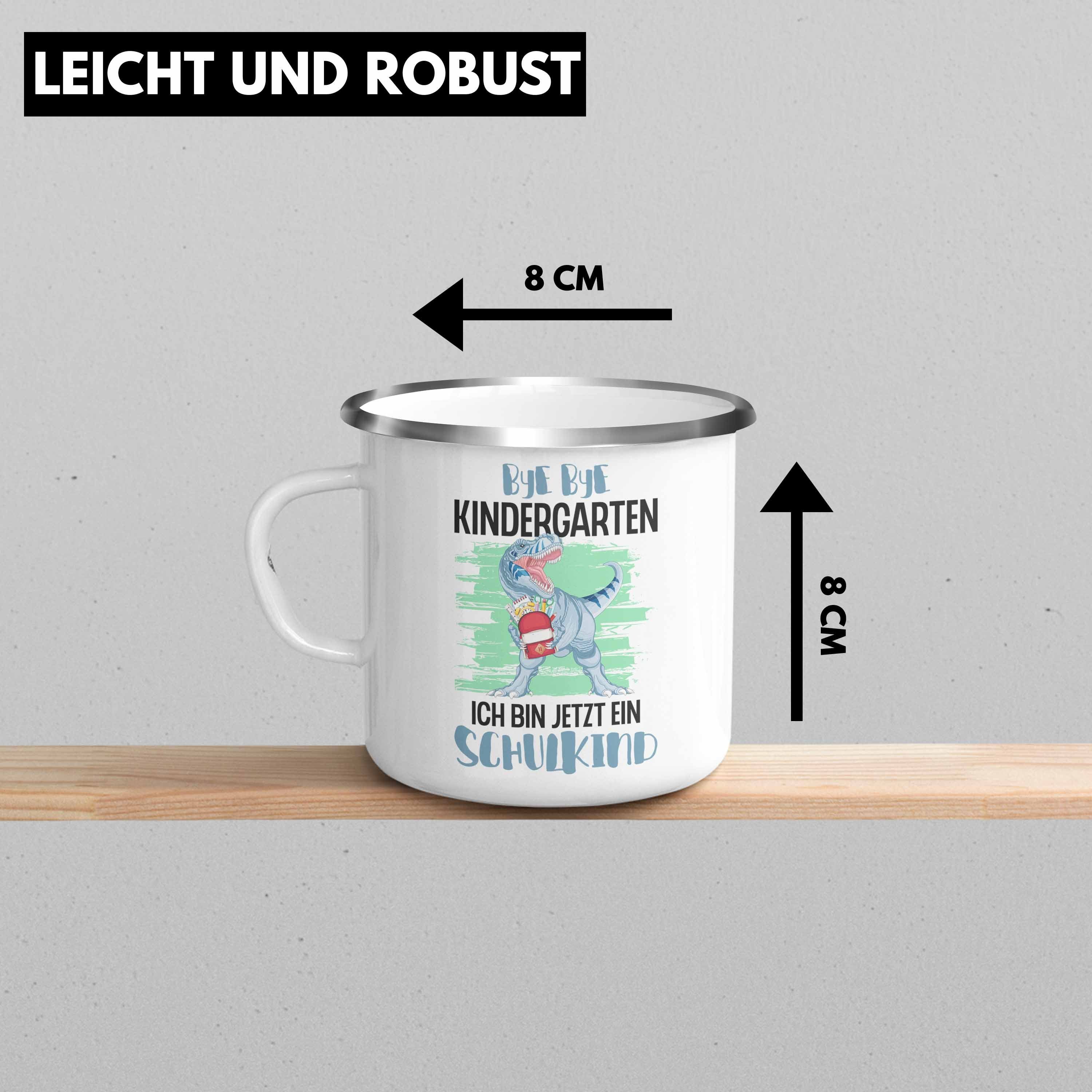 Schultag Füllung Thermotasse Junge Emaille Trendation Schultüte Geschenk Schulstart Geschenkidee - Einschulung Schuleinführung Dino Silber Tasse 2022 1. Schulanfang Trendation Schulkind für