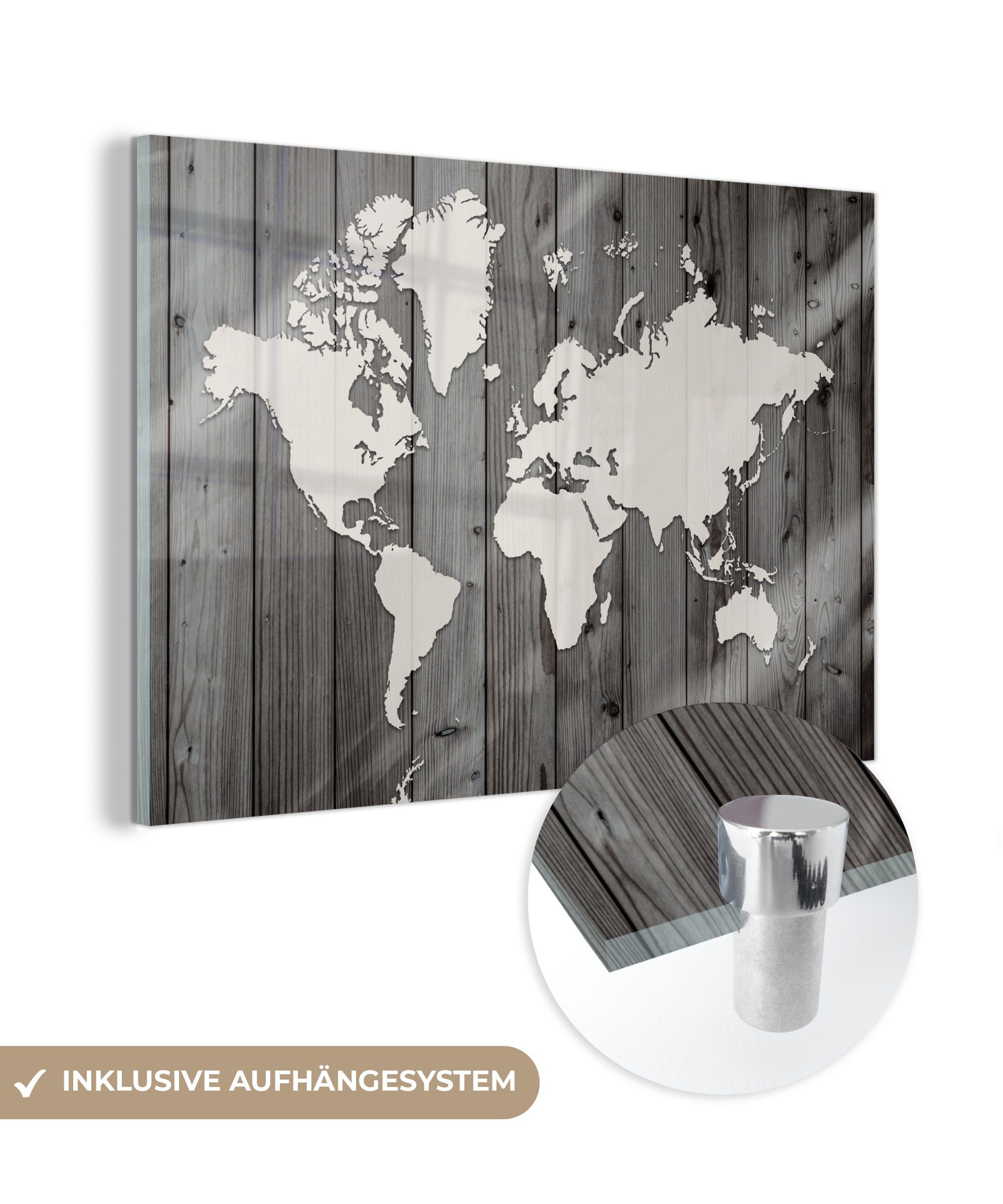 MuchoWow Acrylglasbild Weltkarte - Holz - Schwarz - Weiß, (1 St), Glasbilder - Bilder auf Glas Wandbild - Foto auf Glas - Wanddekoration